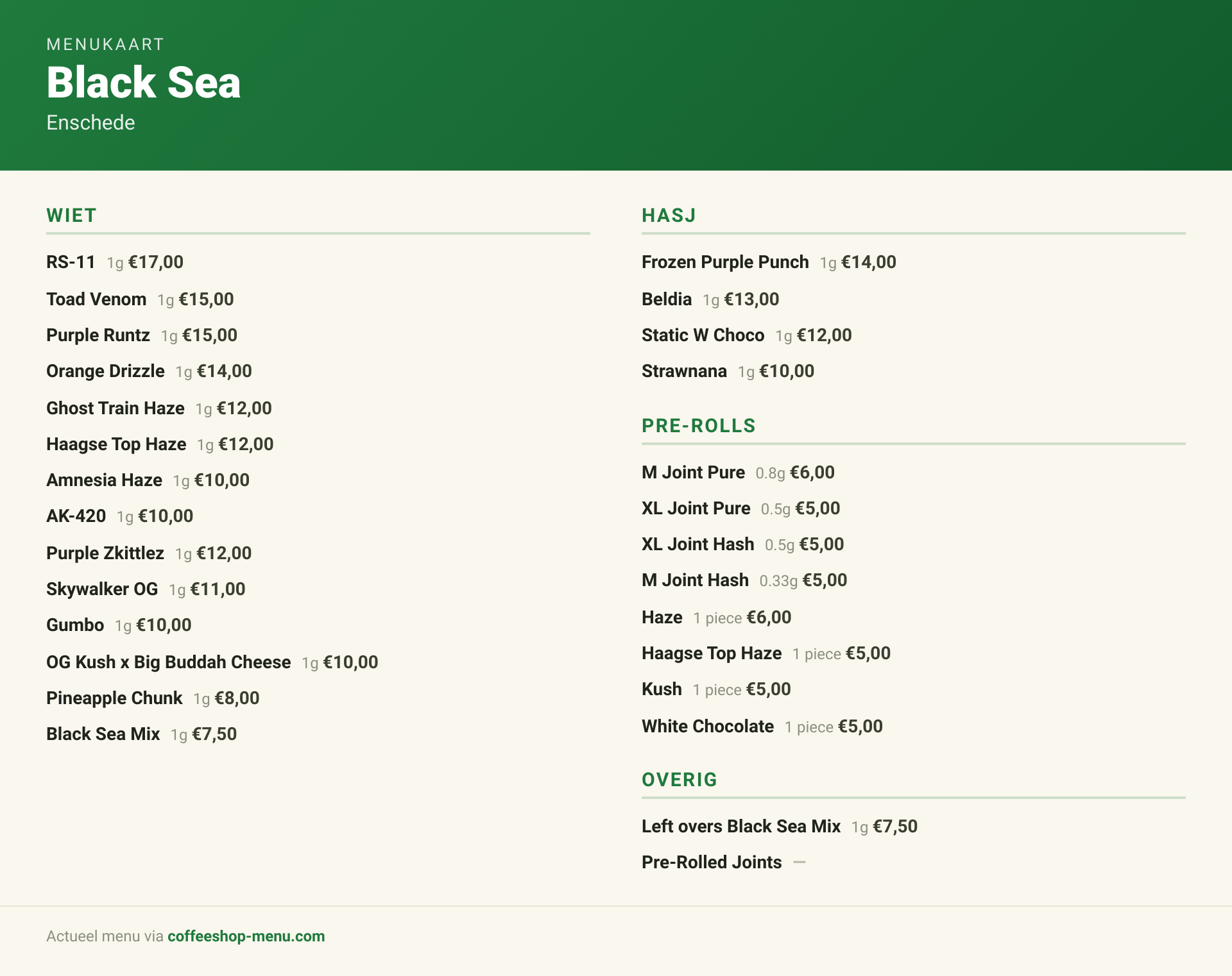 Menu bij Black Sea