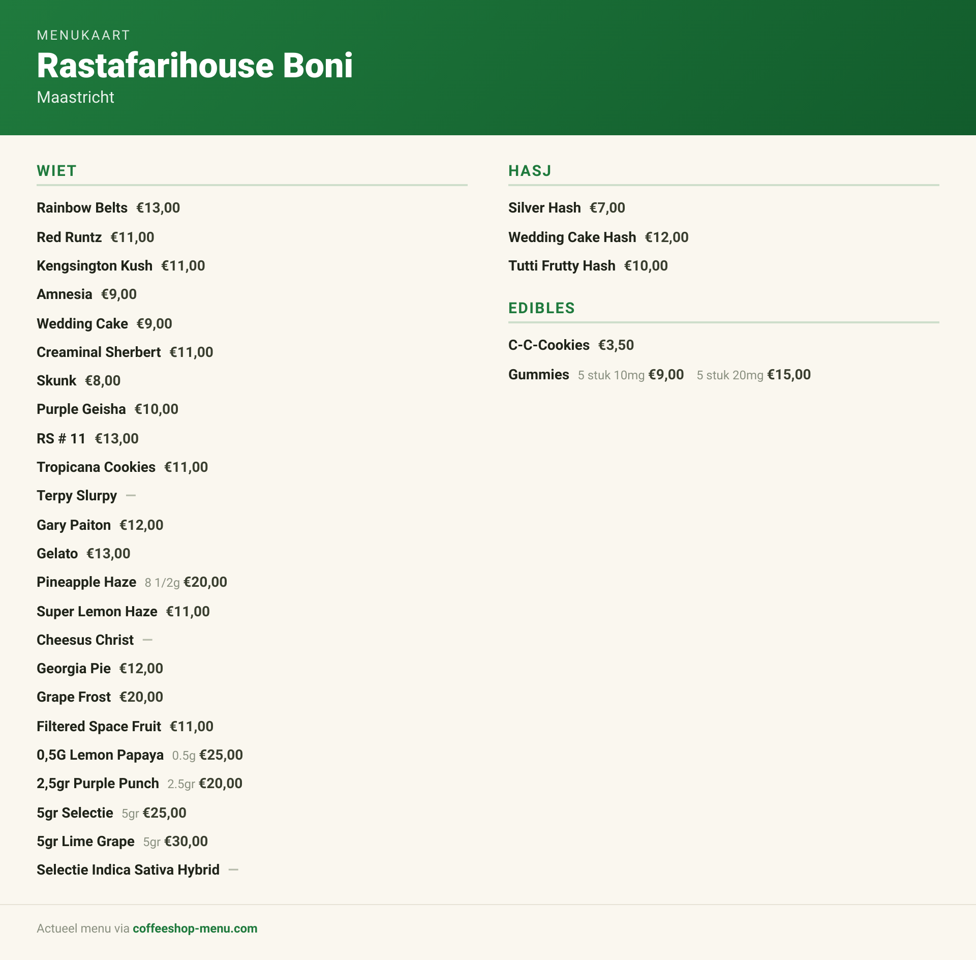 Menu bij Rastafarihouse Boni