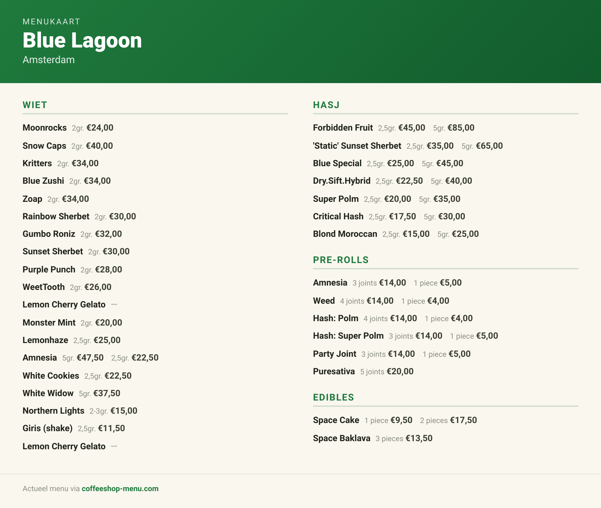 Menu bij Blue Lagoon