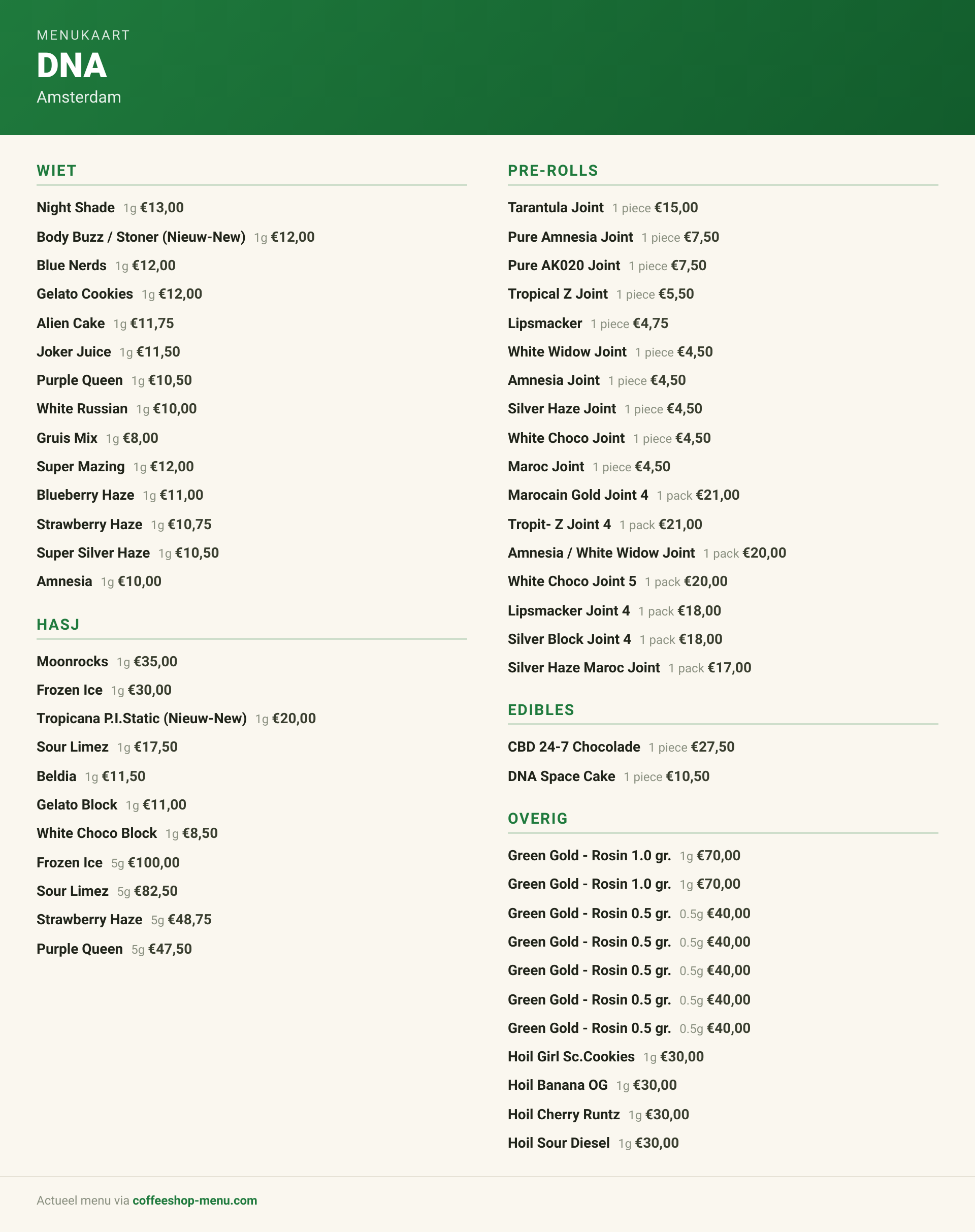 Menu bij DNA