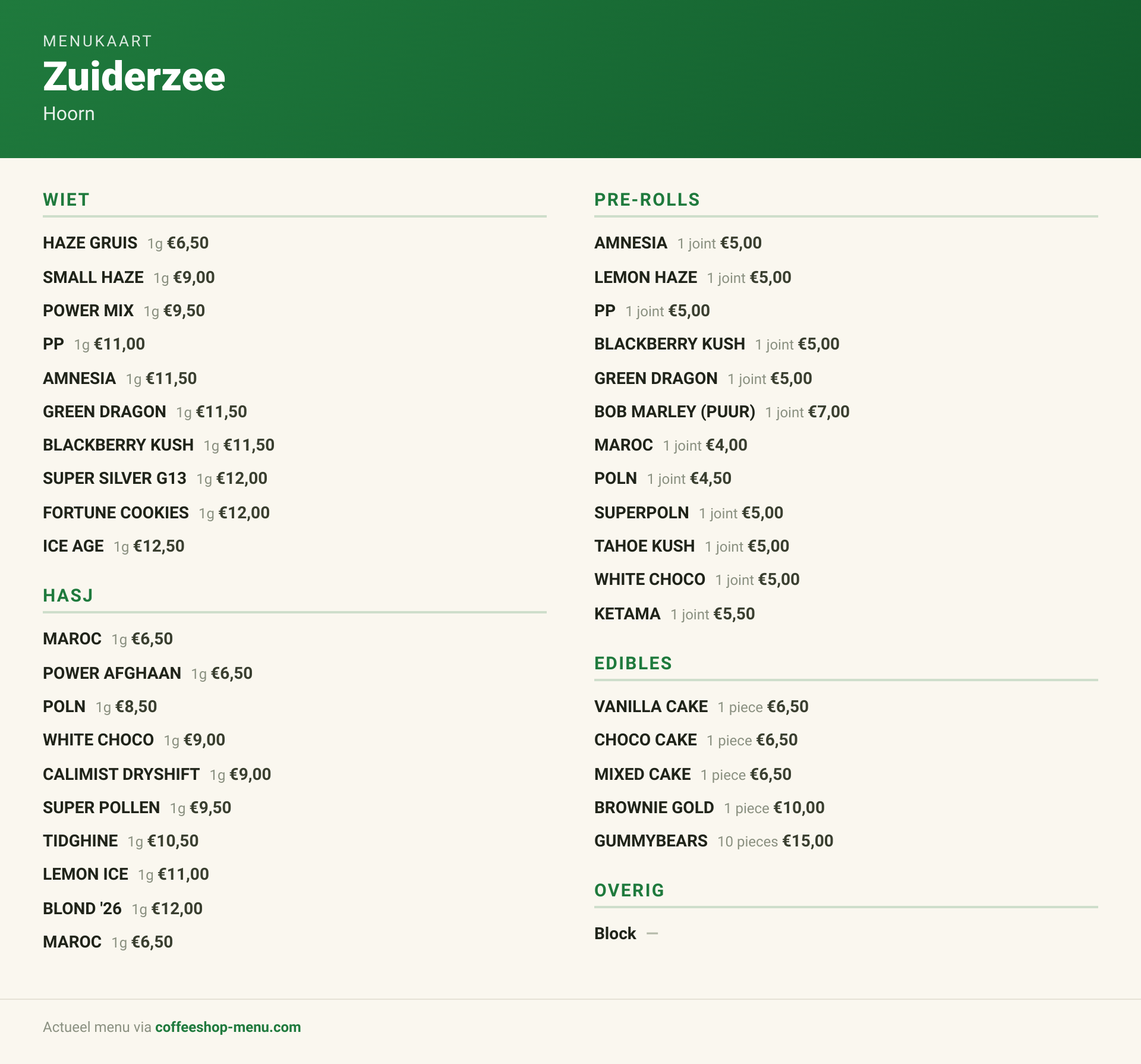 Menu bij Zuiderzee