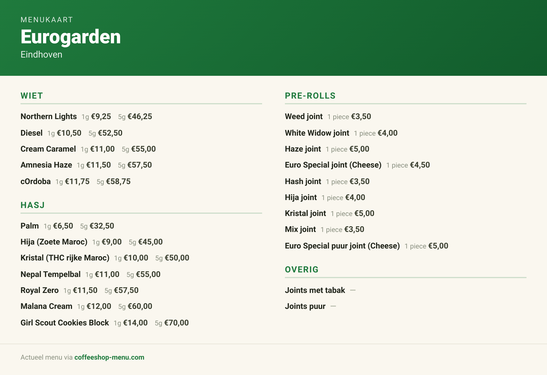 Menu bij Eurogarden