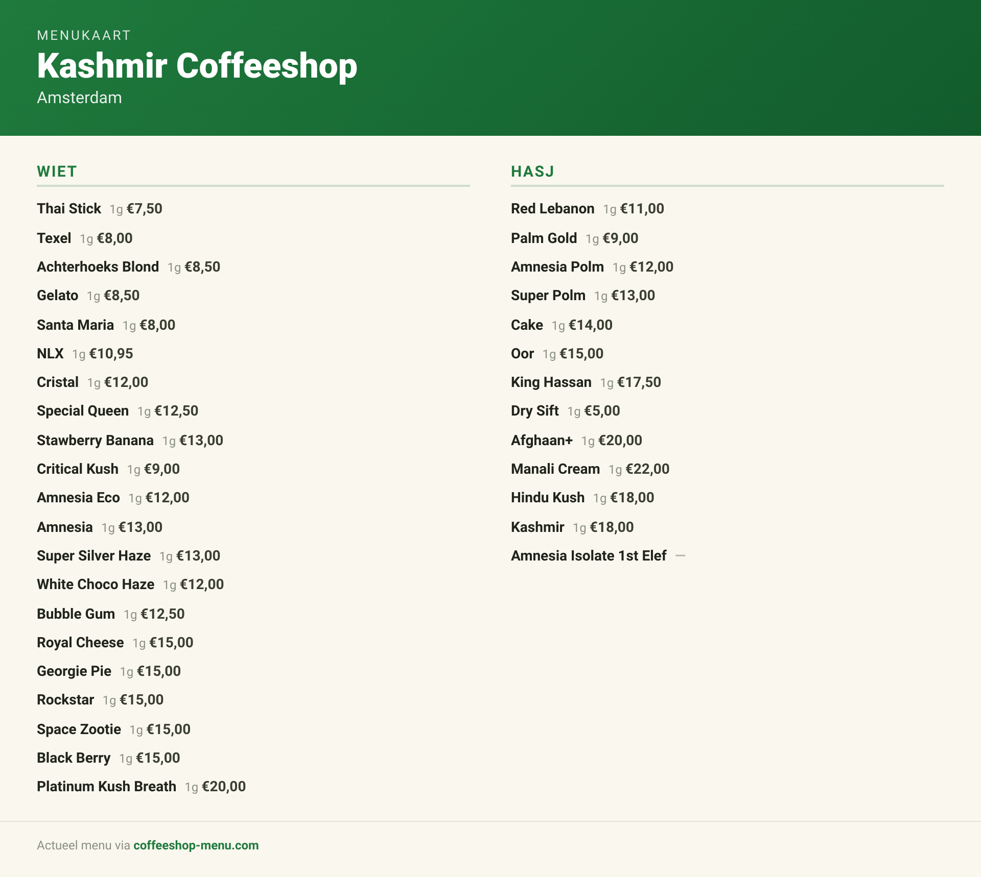 Menu bij Kashmir Coffeeshop