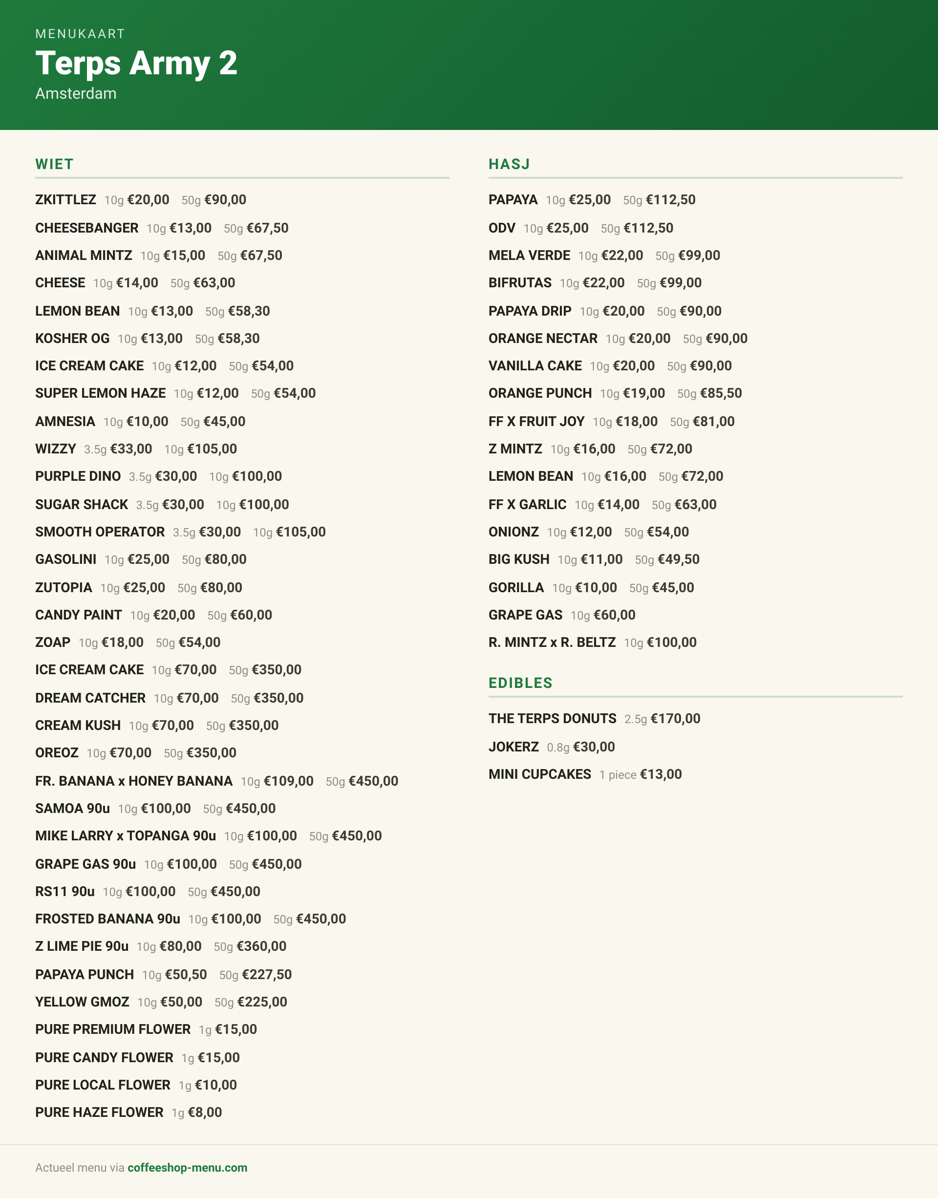 Menu bij Terps Army 2
