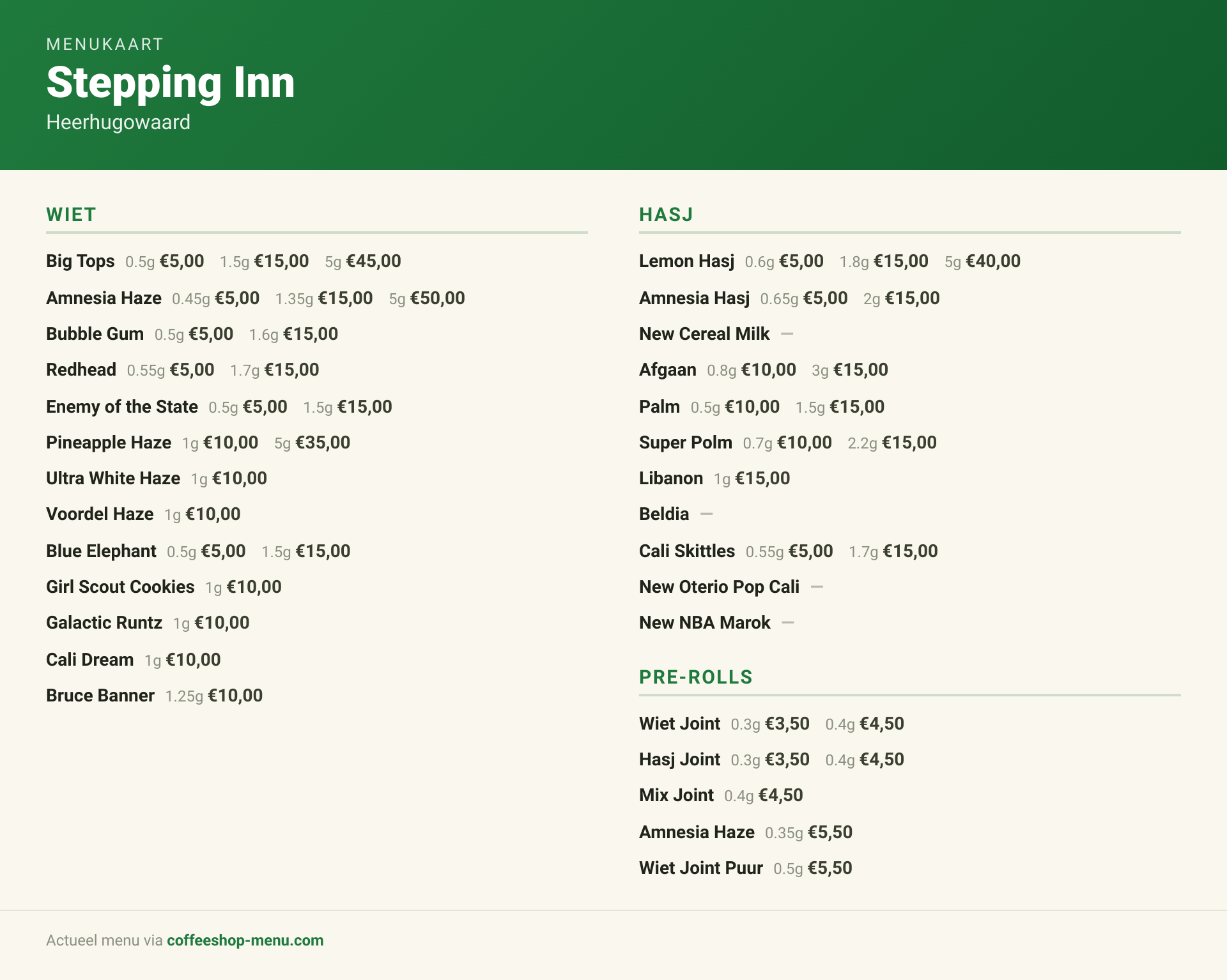 Menu bij Stepping Inn