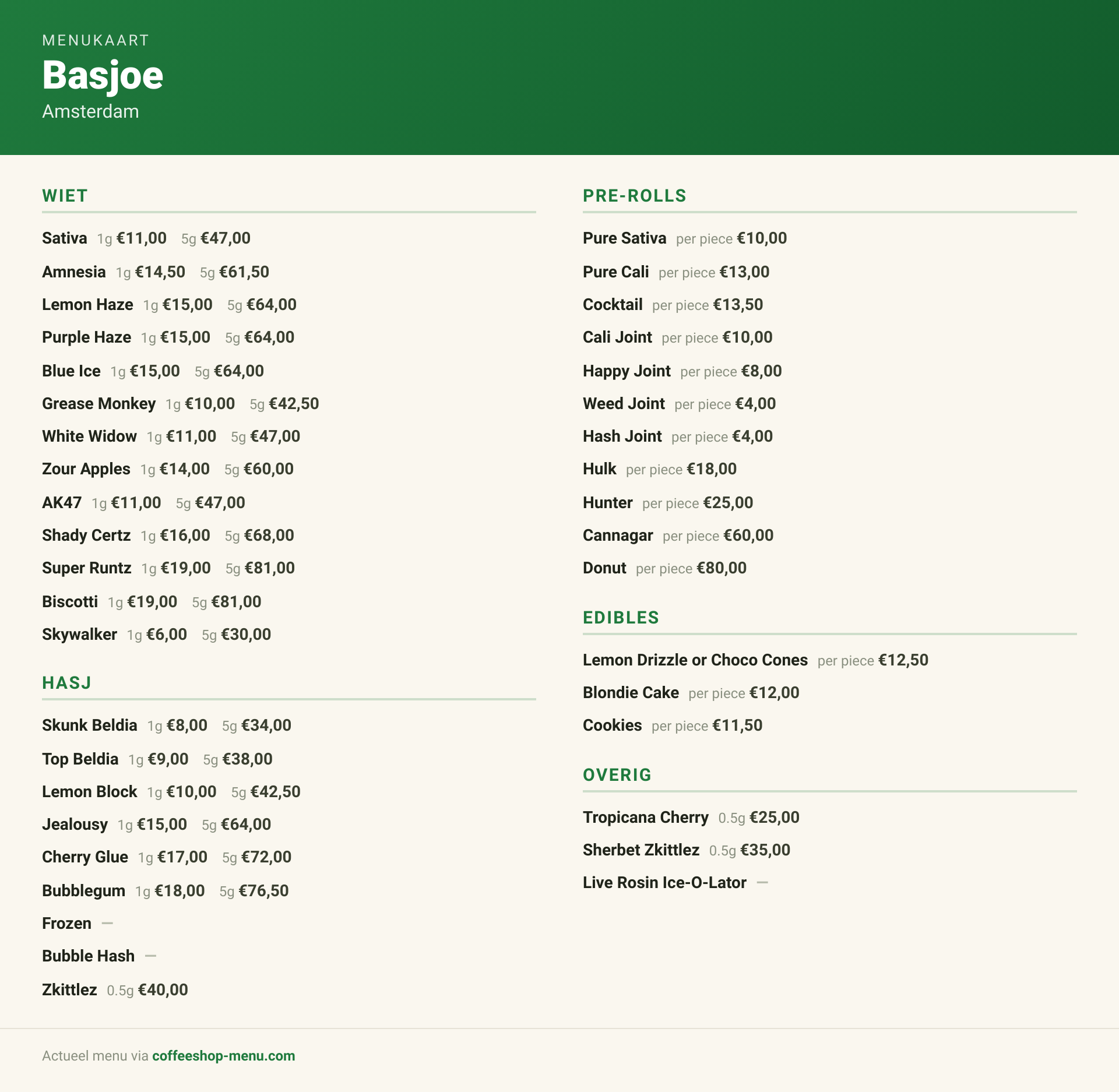 Menu bij Basjoe