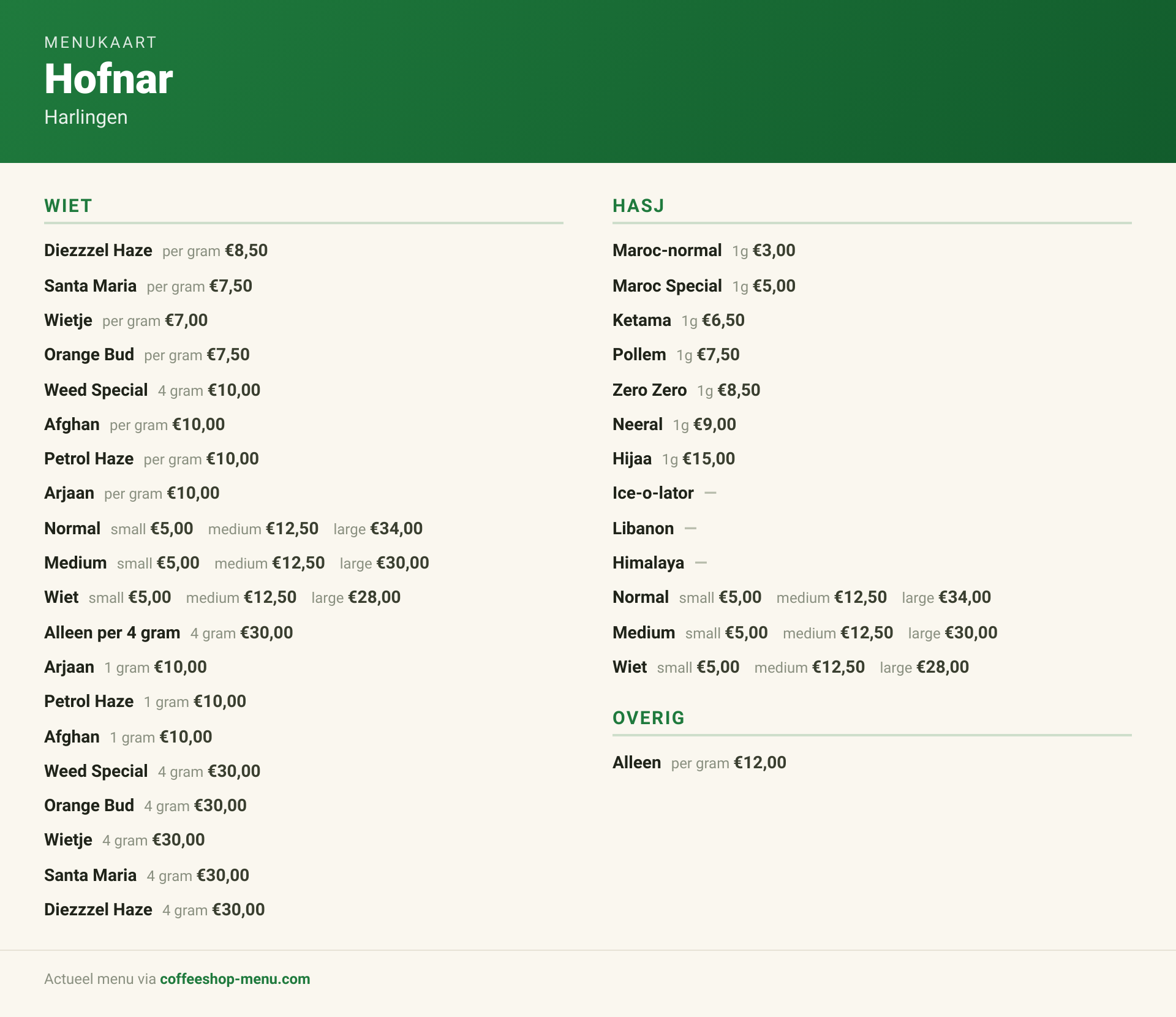 Menu bij Hofnar