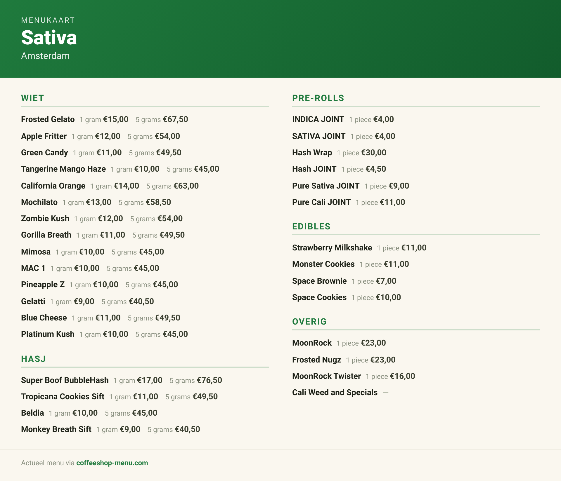 Menukaart van Sativa