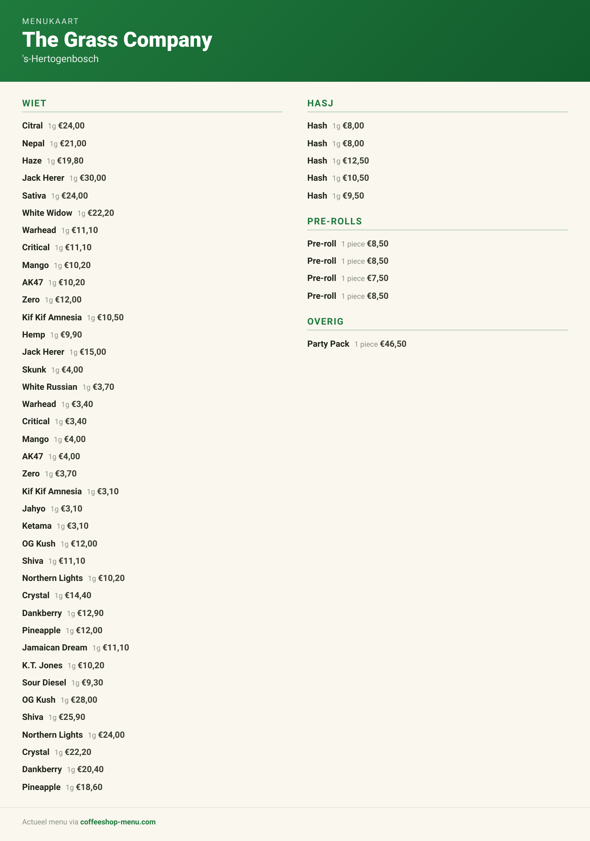 Menu bij The Grass Company