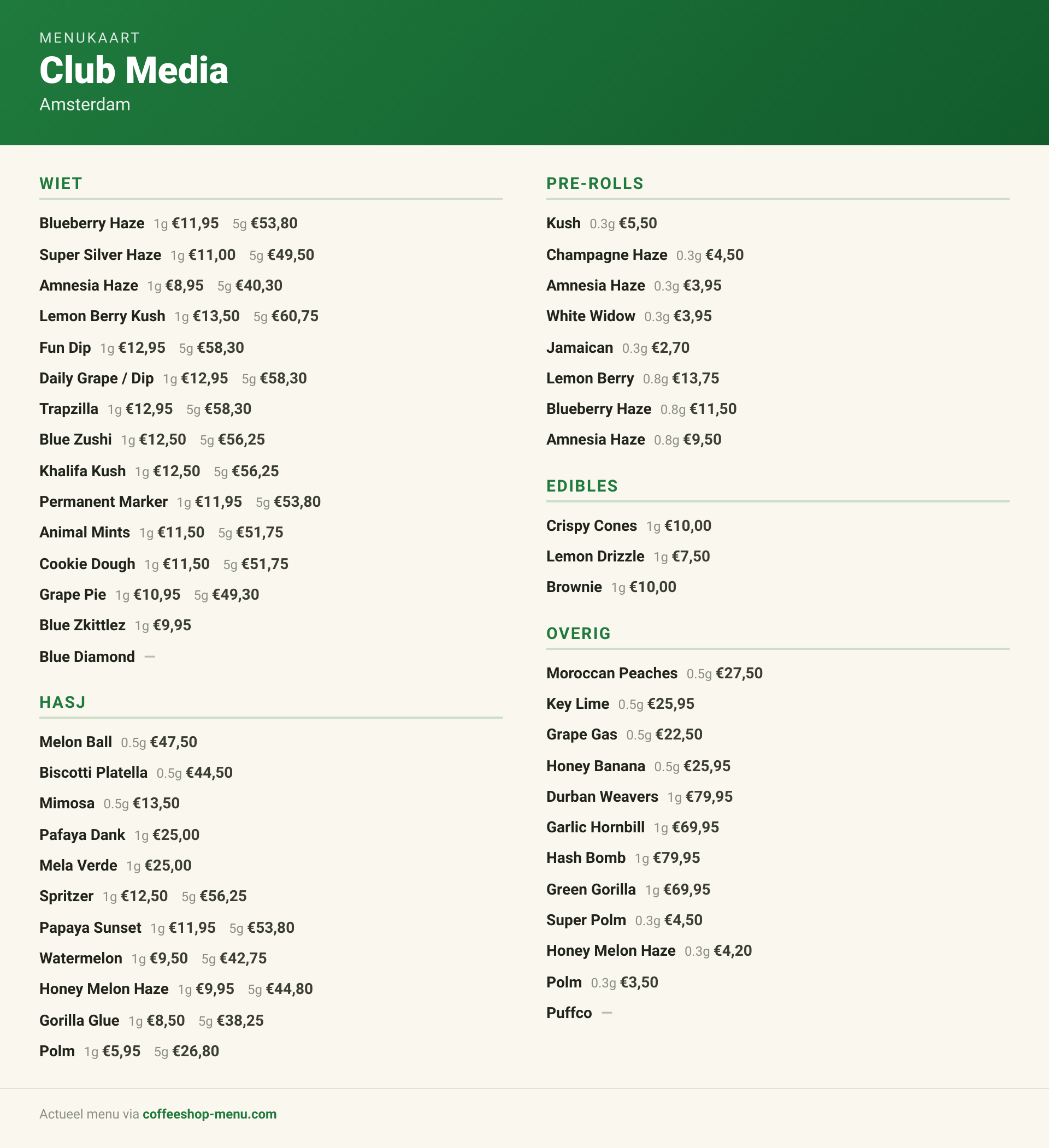 Menu bij Club Media