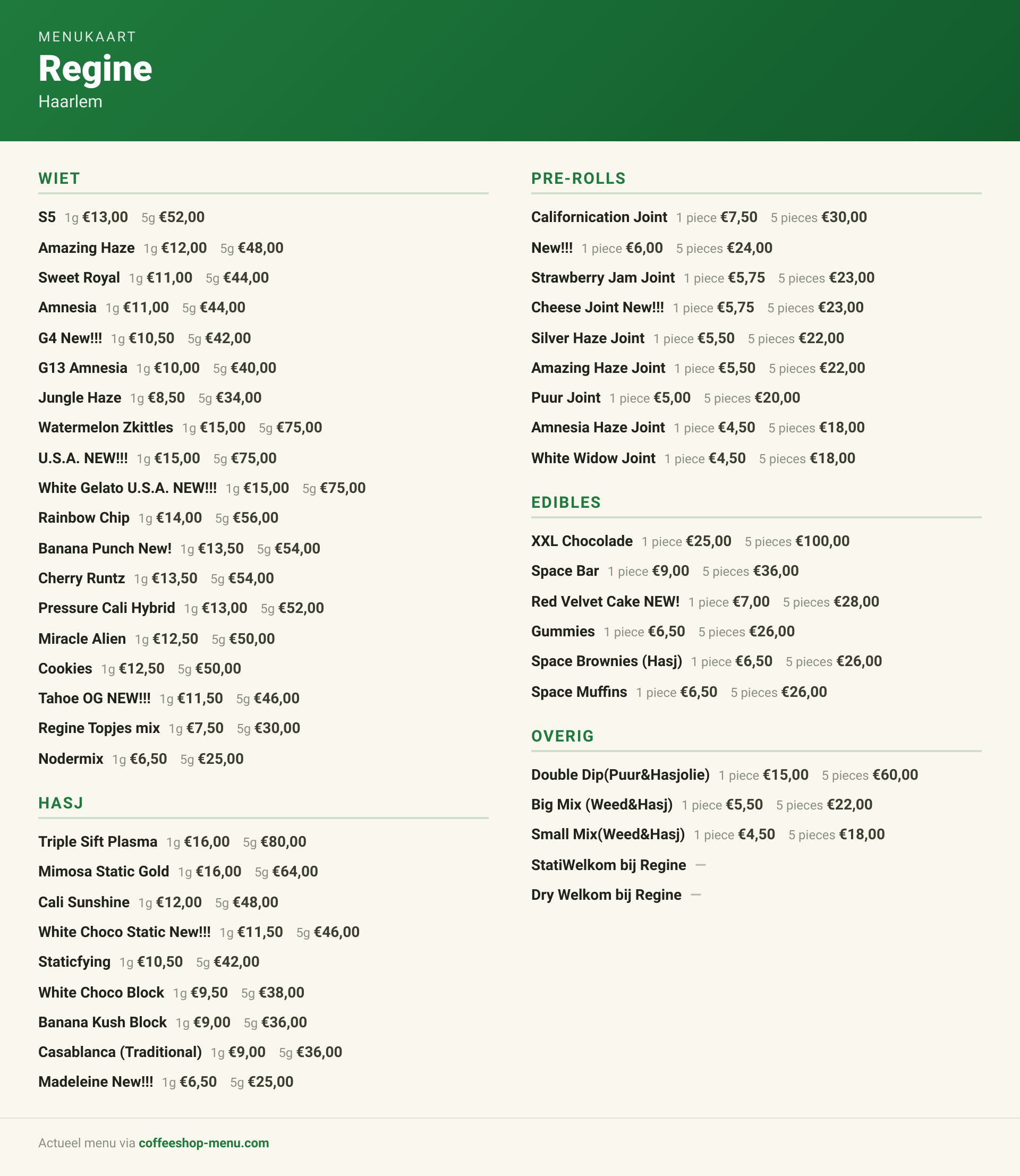 Menu bij Regine