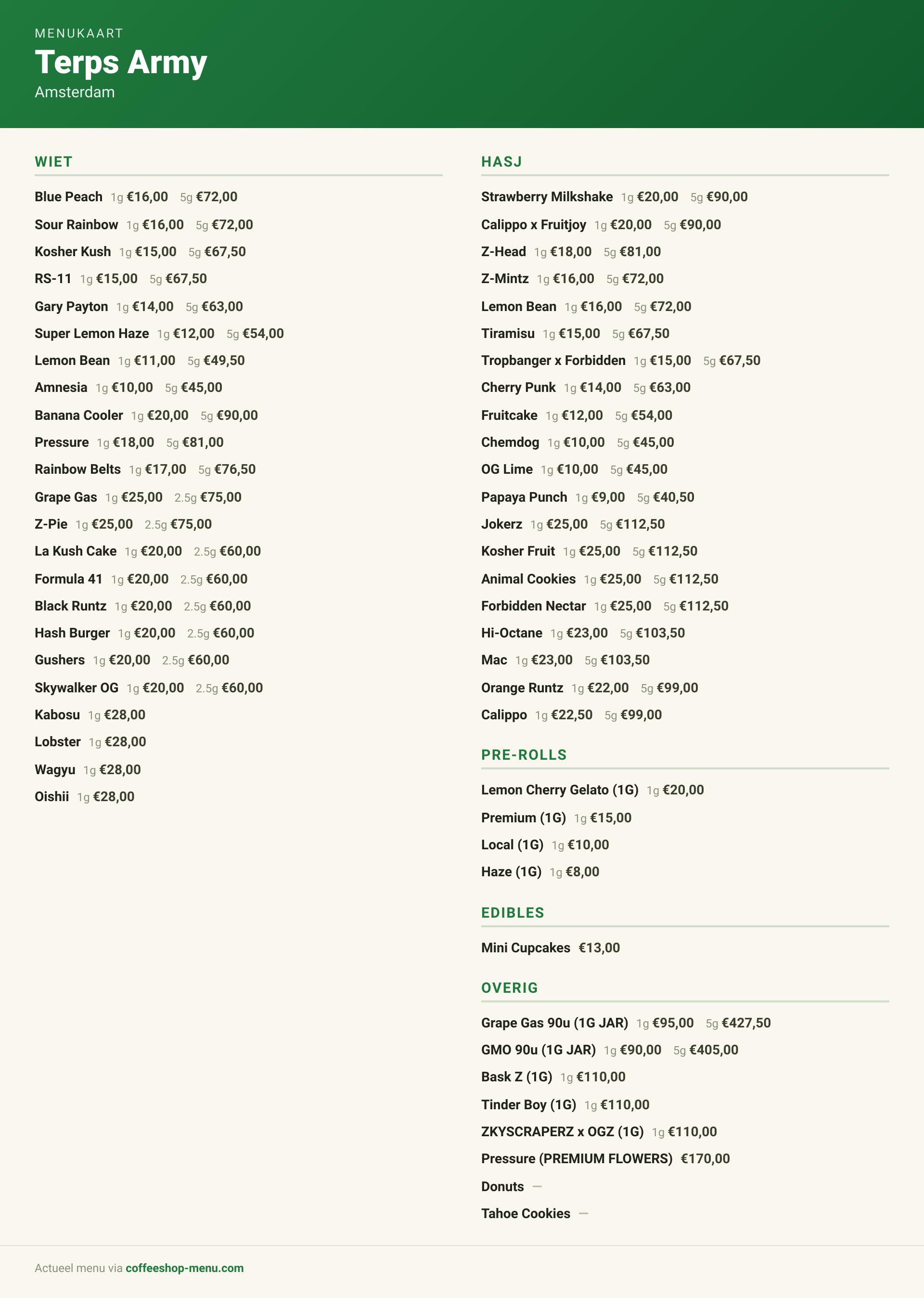 Menu bij Terps Army