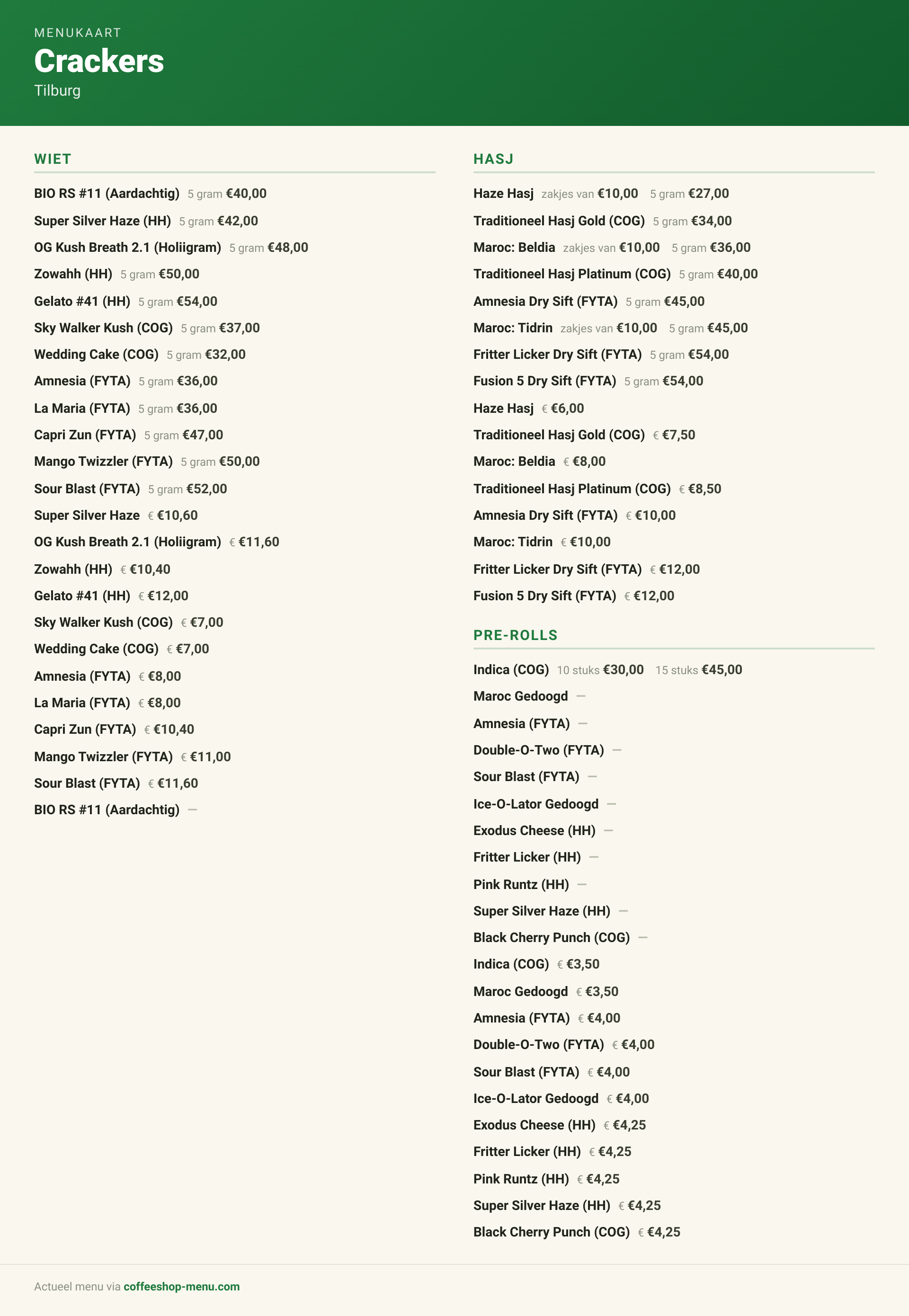 Menu bij Crackers