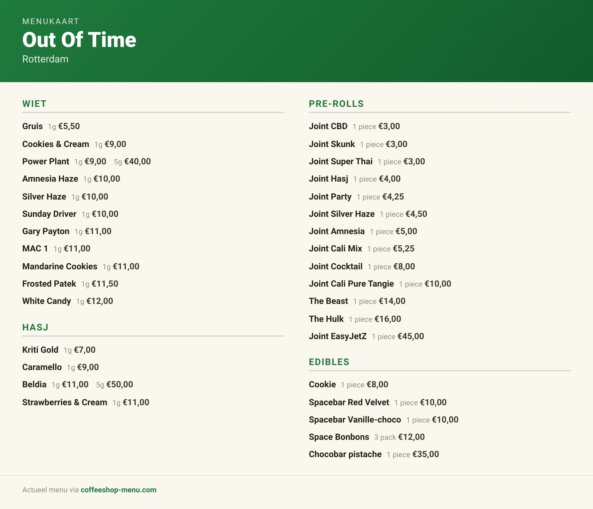 Menu bij Out Of Time