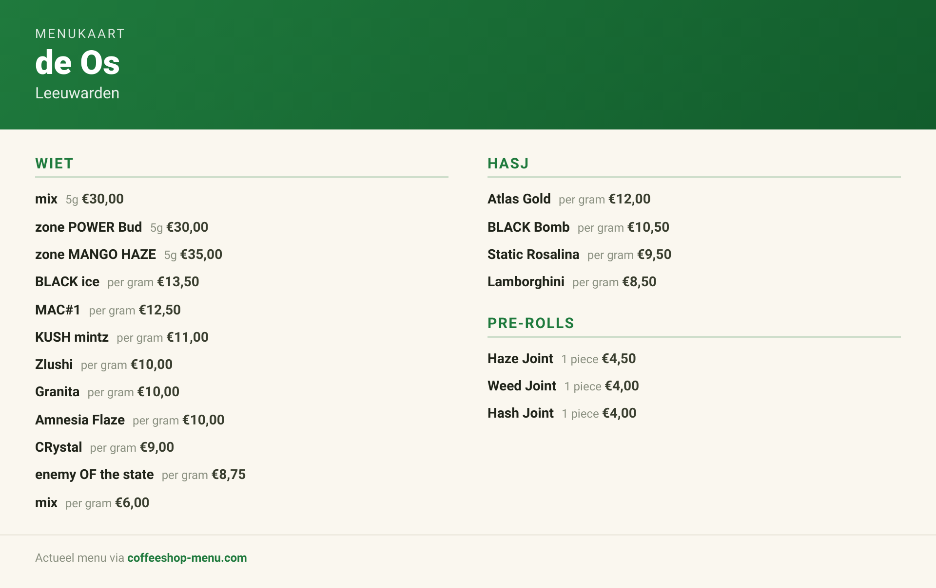 Menu bij de Os