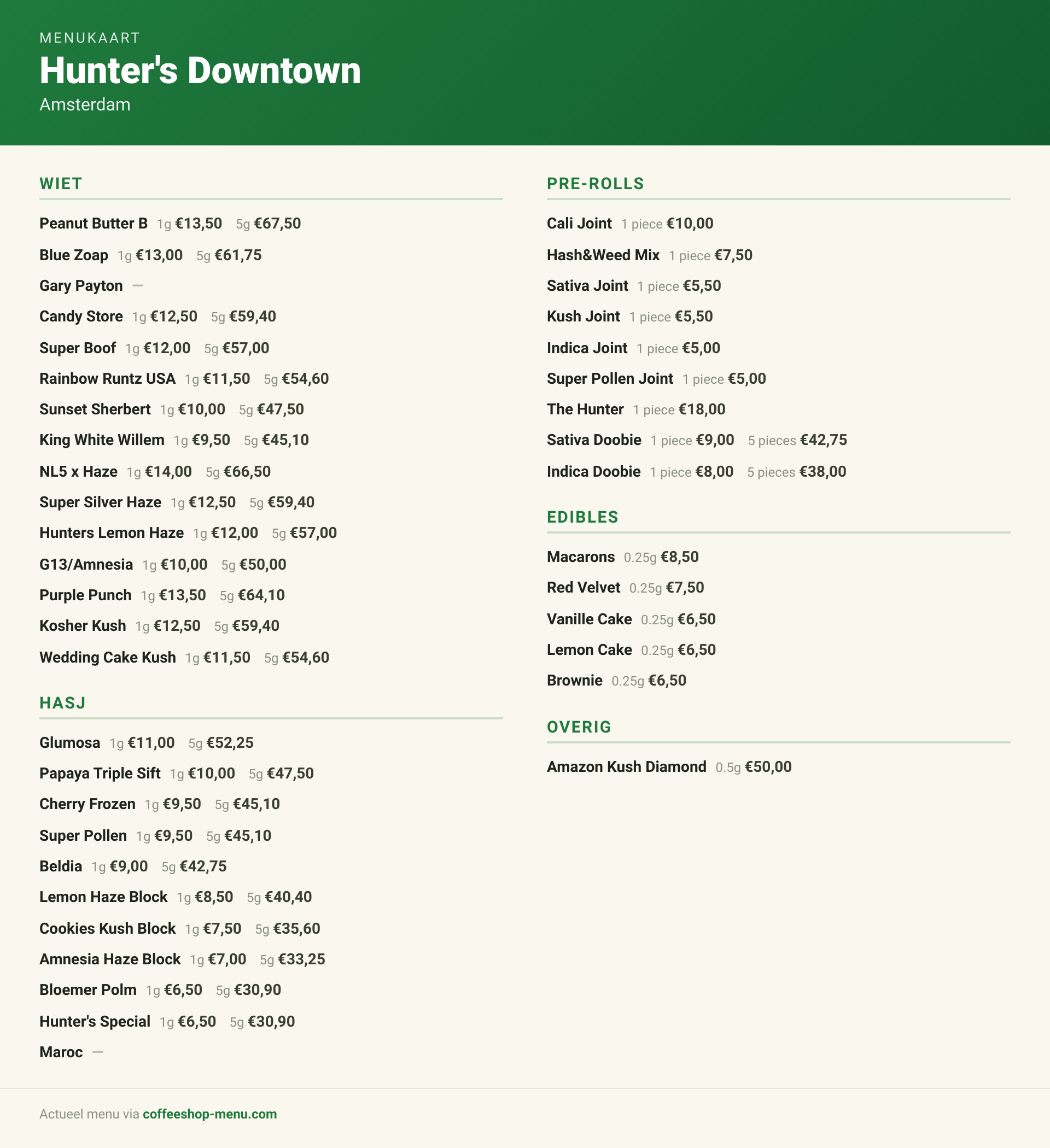 Menu bij Hunter's Downtown