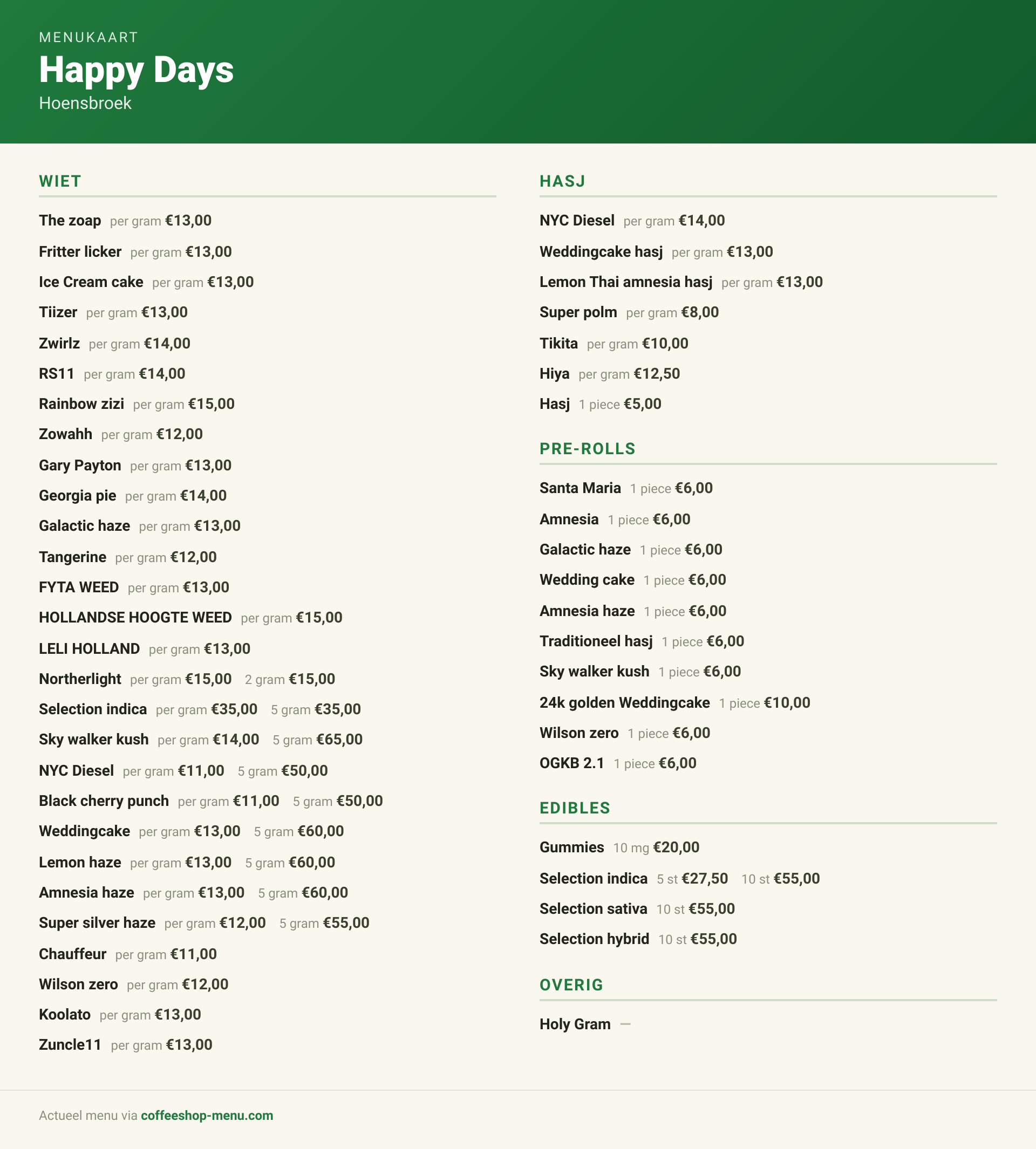 Menu bij Happy Days