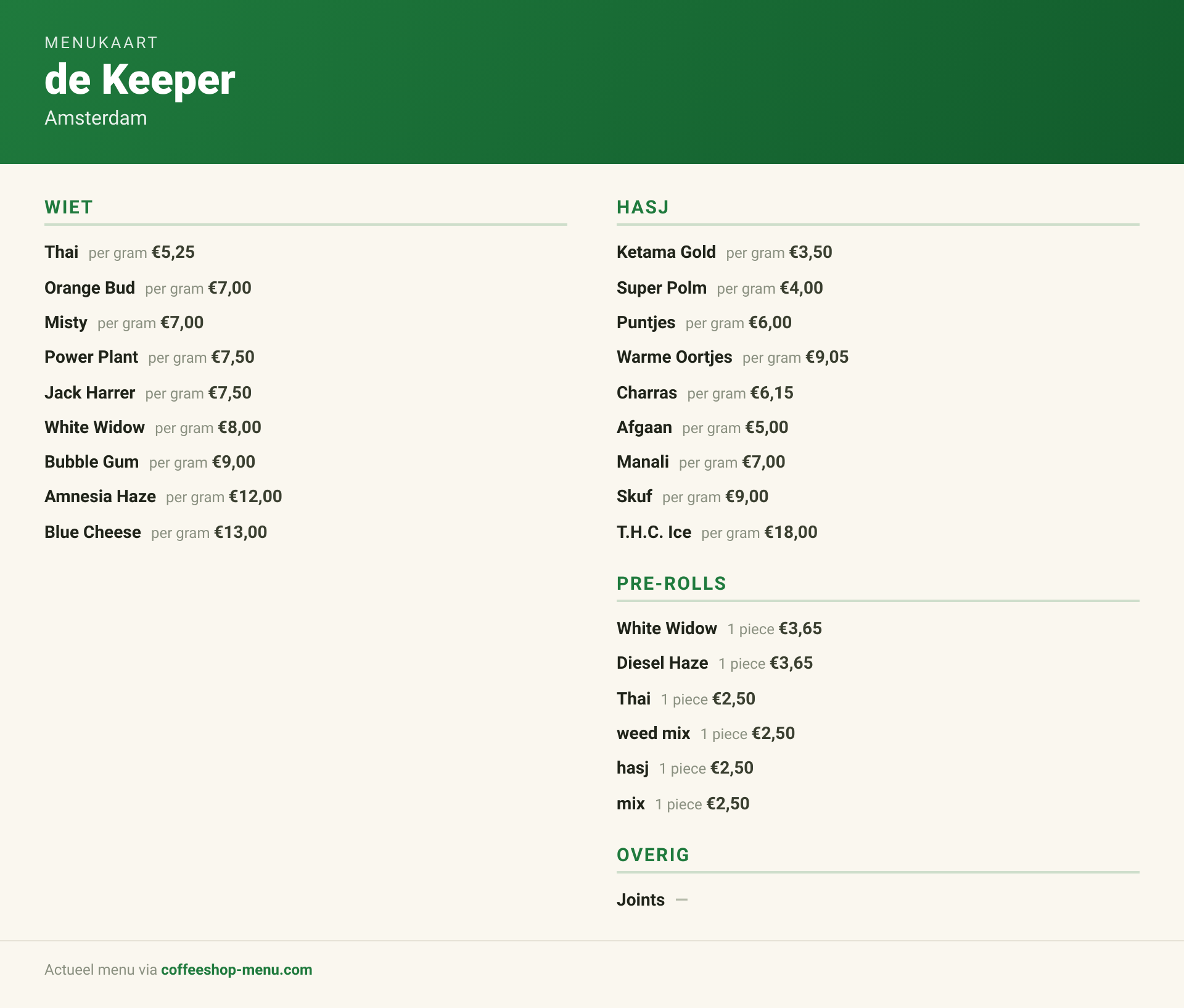 Menu bij de Keeper