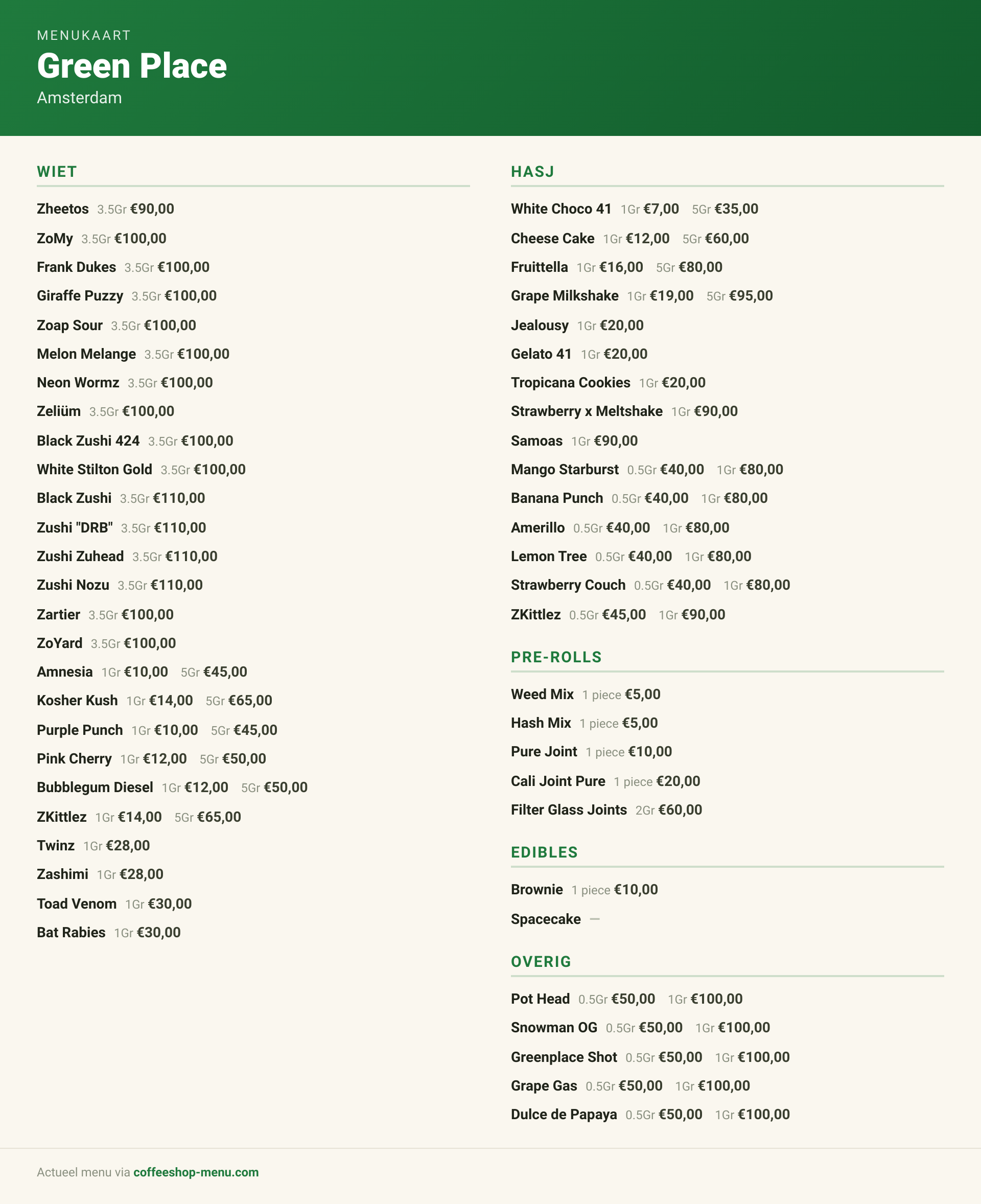 Menu bij Green Place