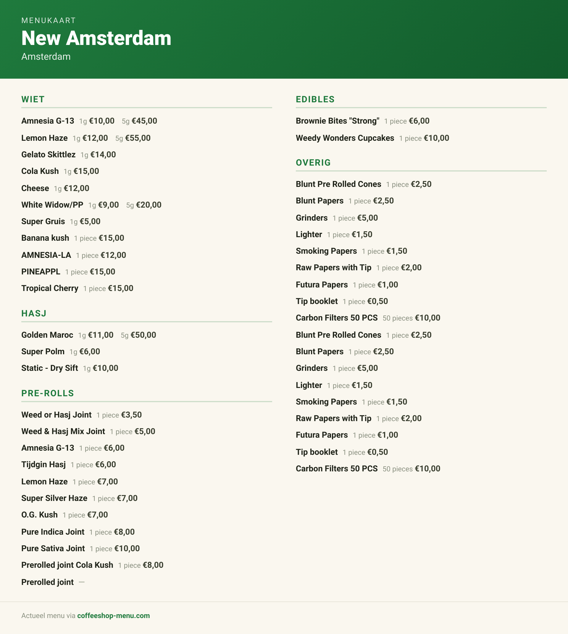 Menu bij New Amsterdam