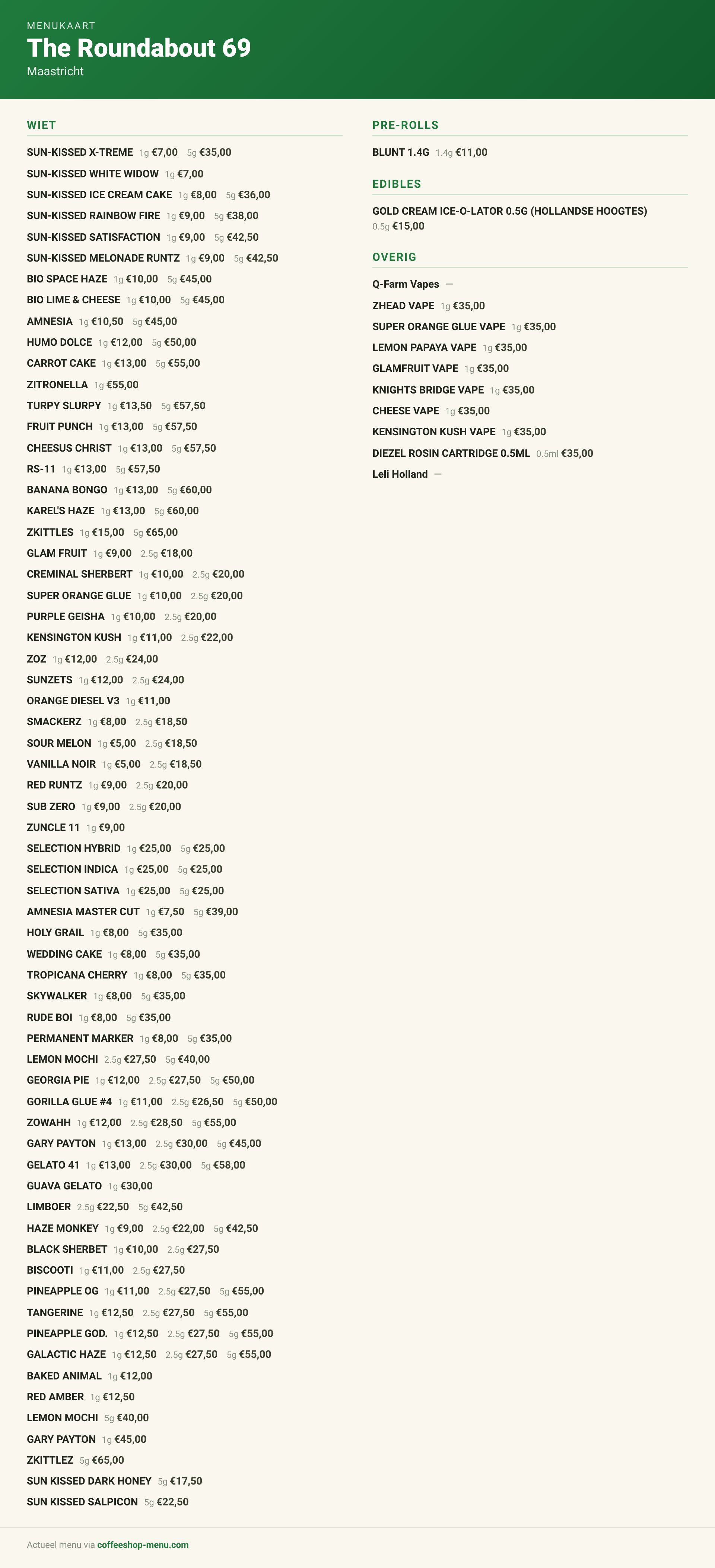 Menu bij The Roundabout 69