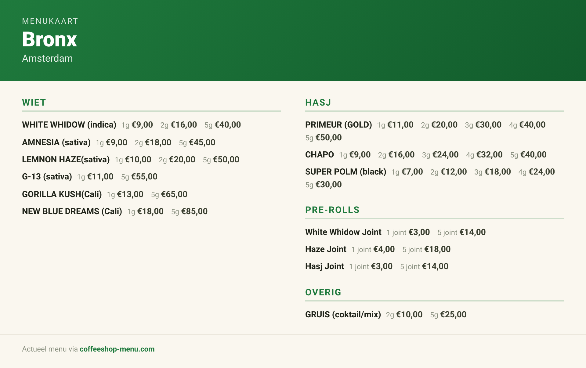 Menu bij Bronx