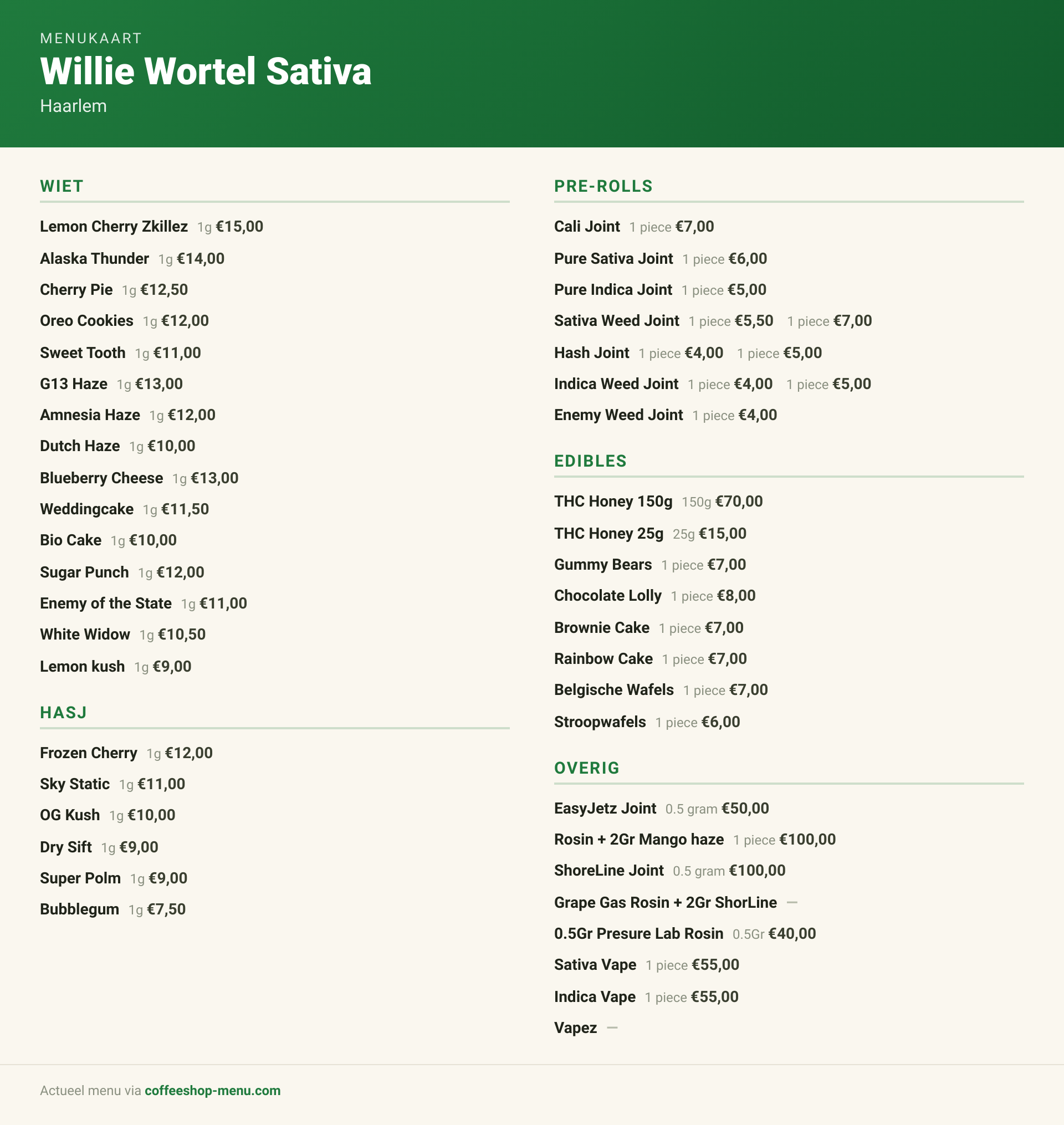 Menu bij Willie Wortel Sativa