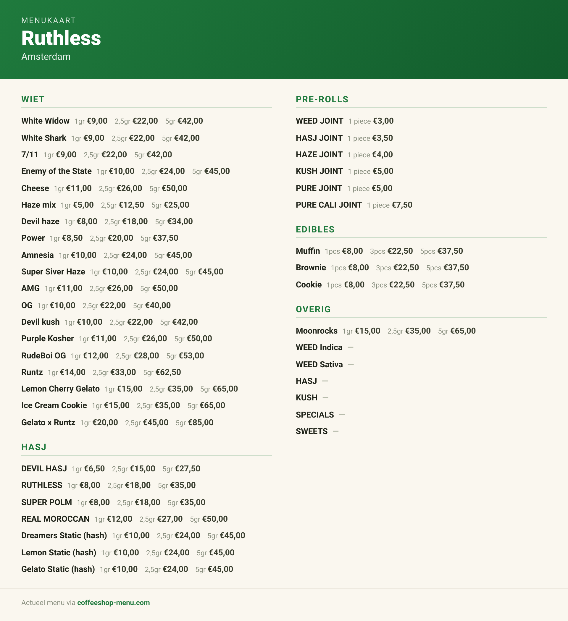 Menu bij Ruthless
