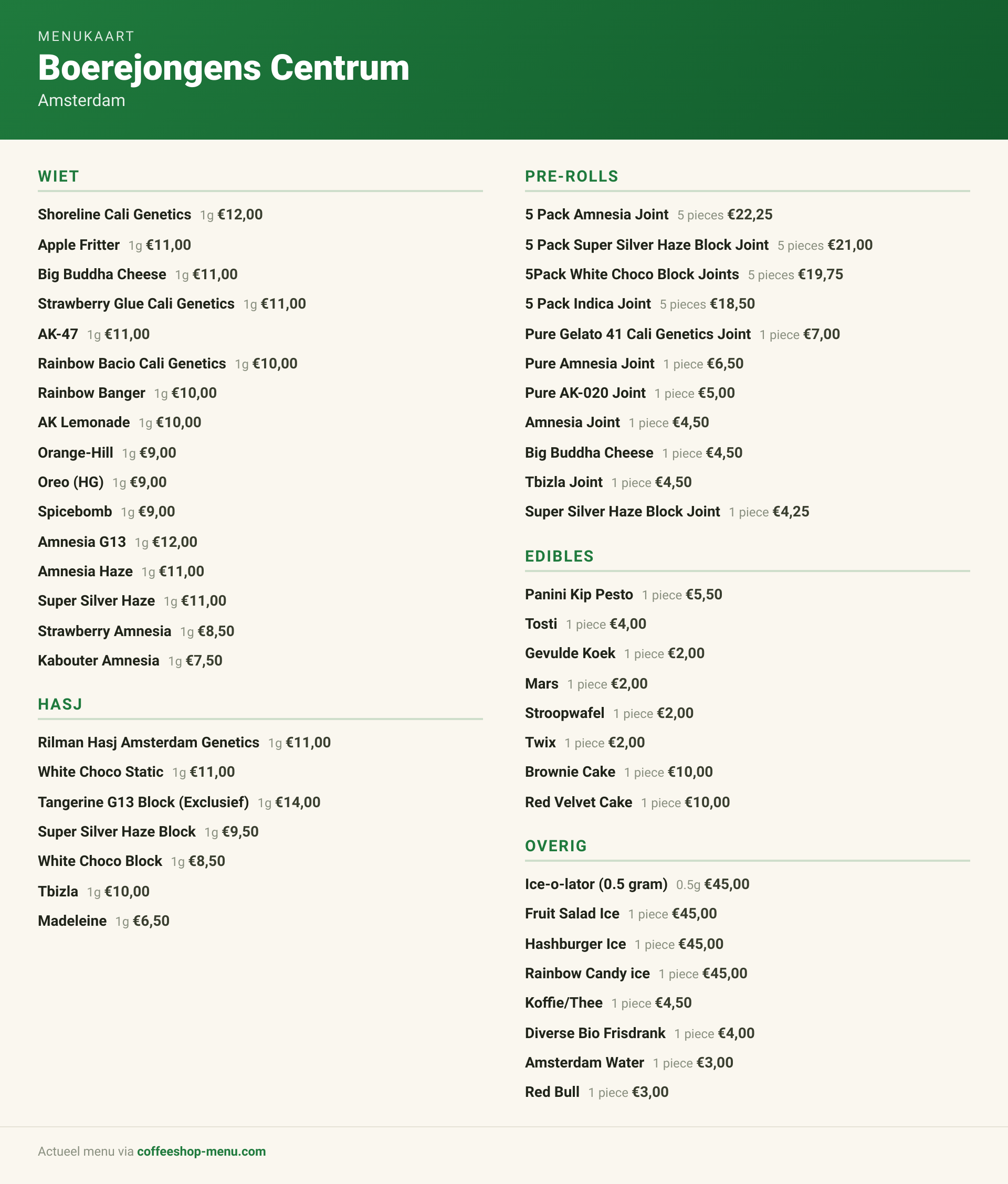 Menu bij Boerejongens Centrum