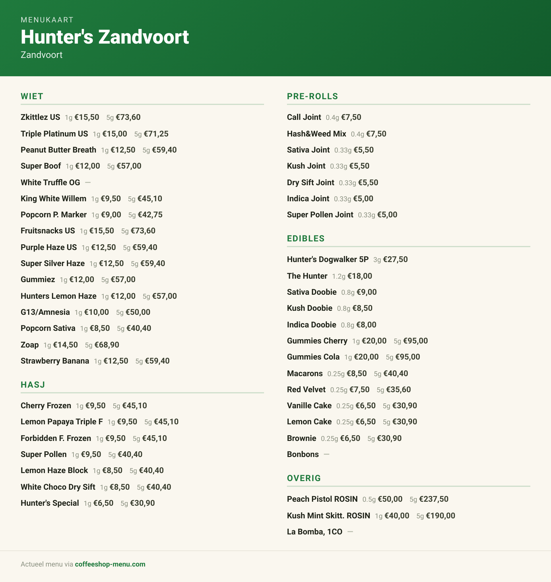 Menu bij Hunter's Zandvoort