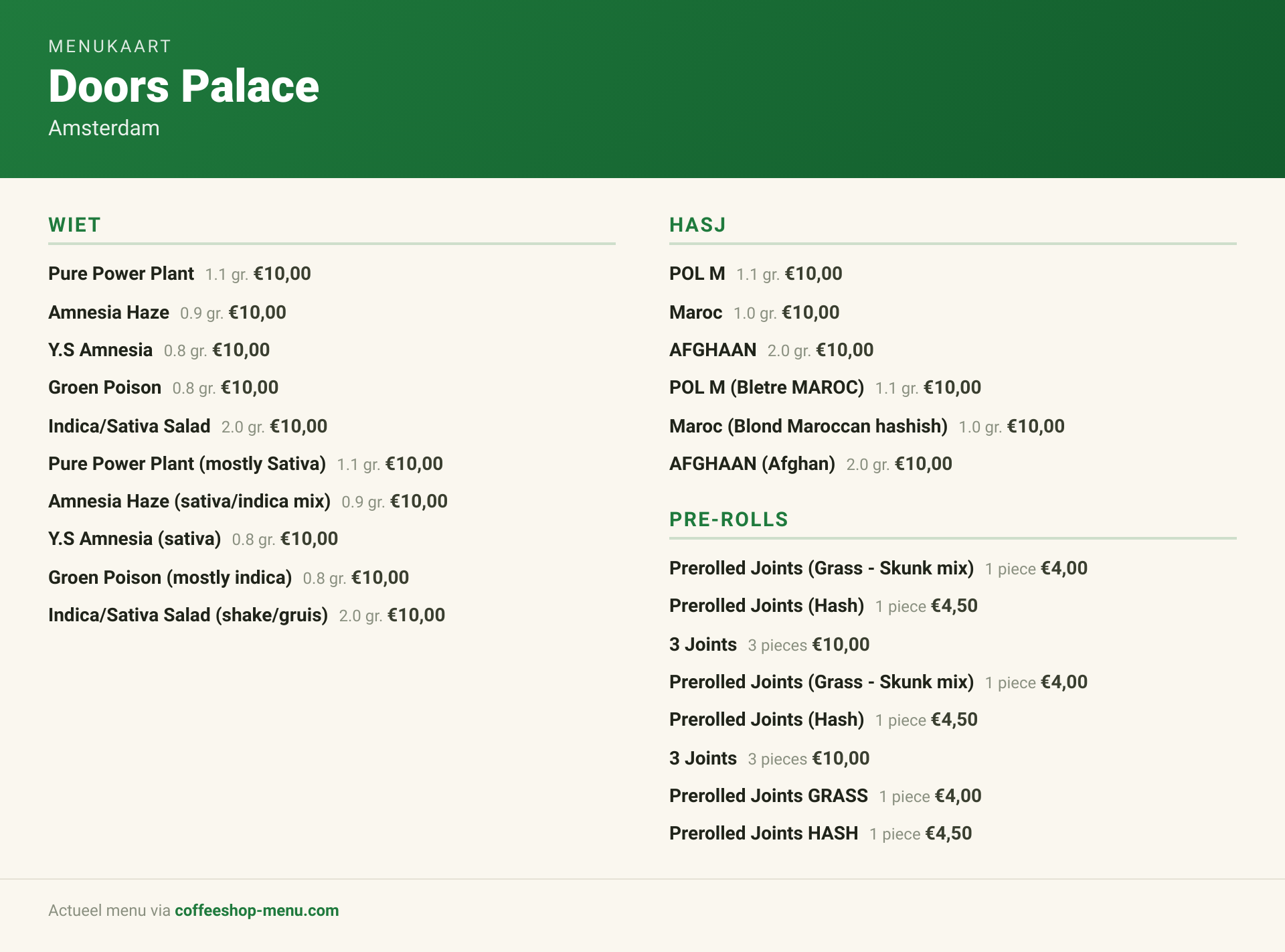 Menu bij Doors Palace