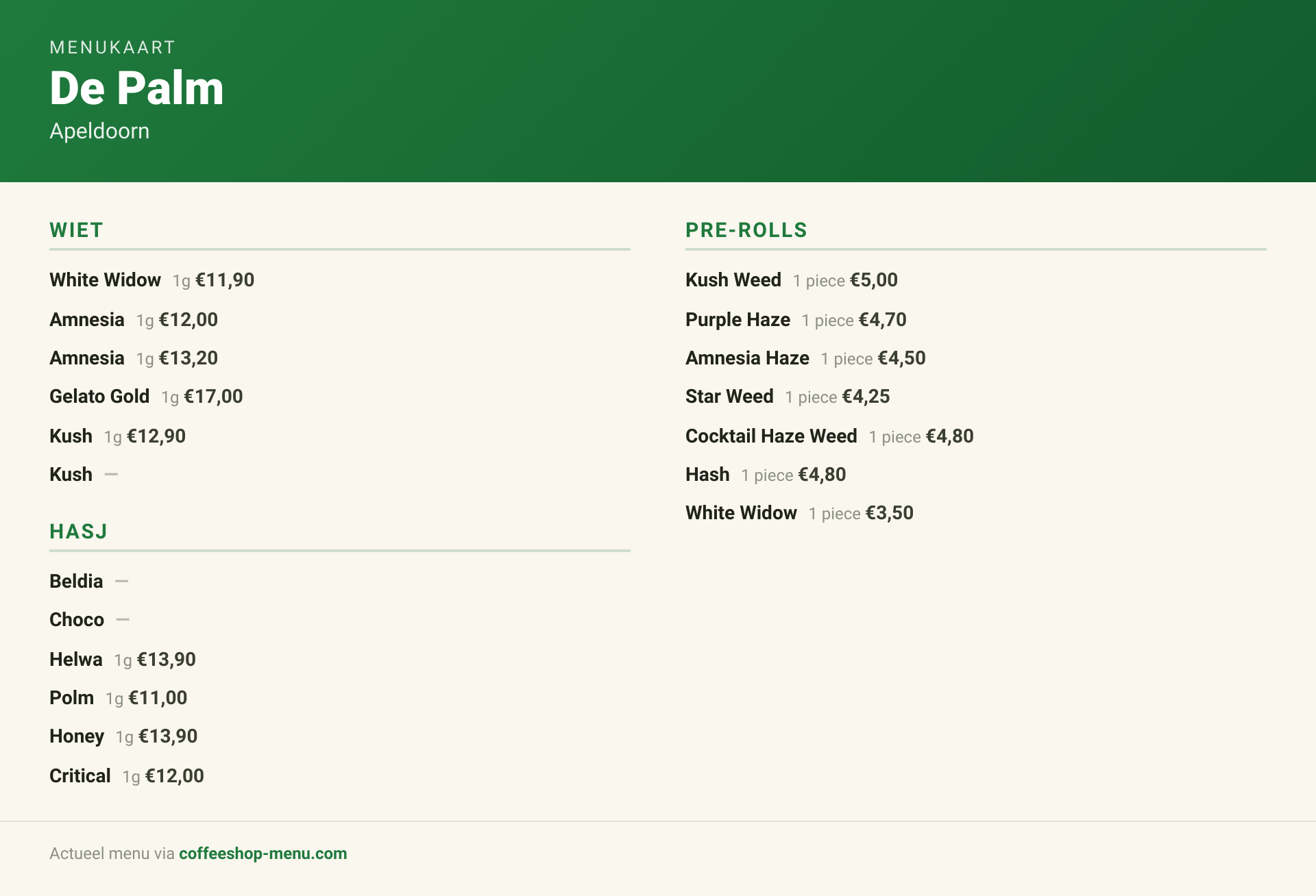 Menu bij De Palm