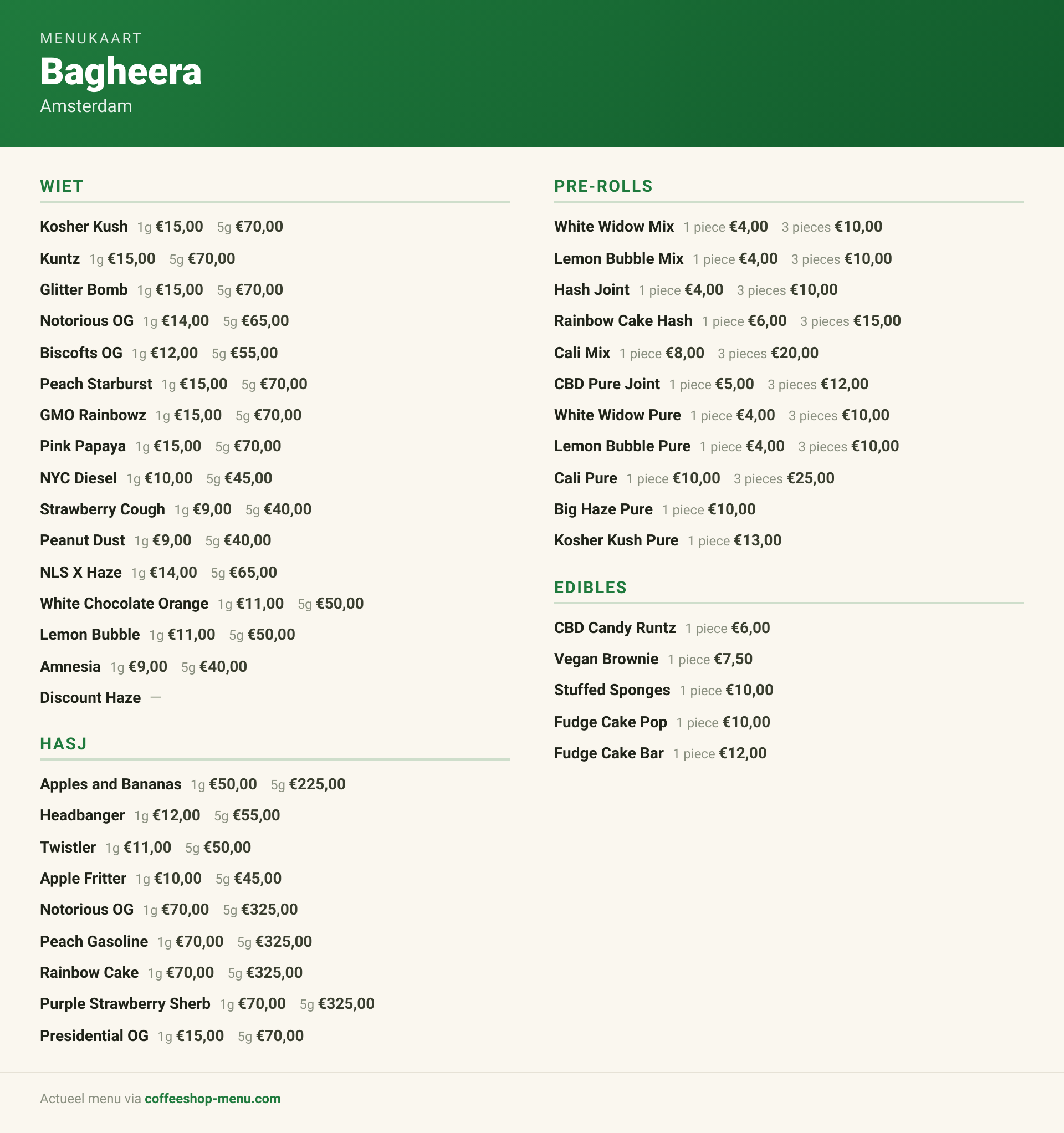 Menu bij Bagheera