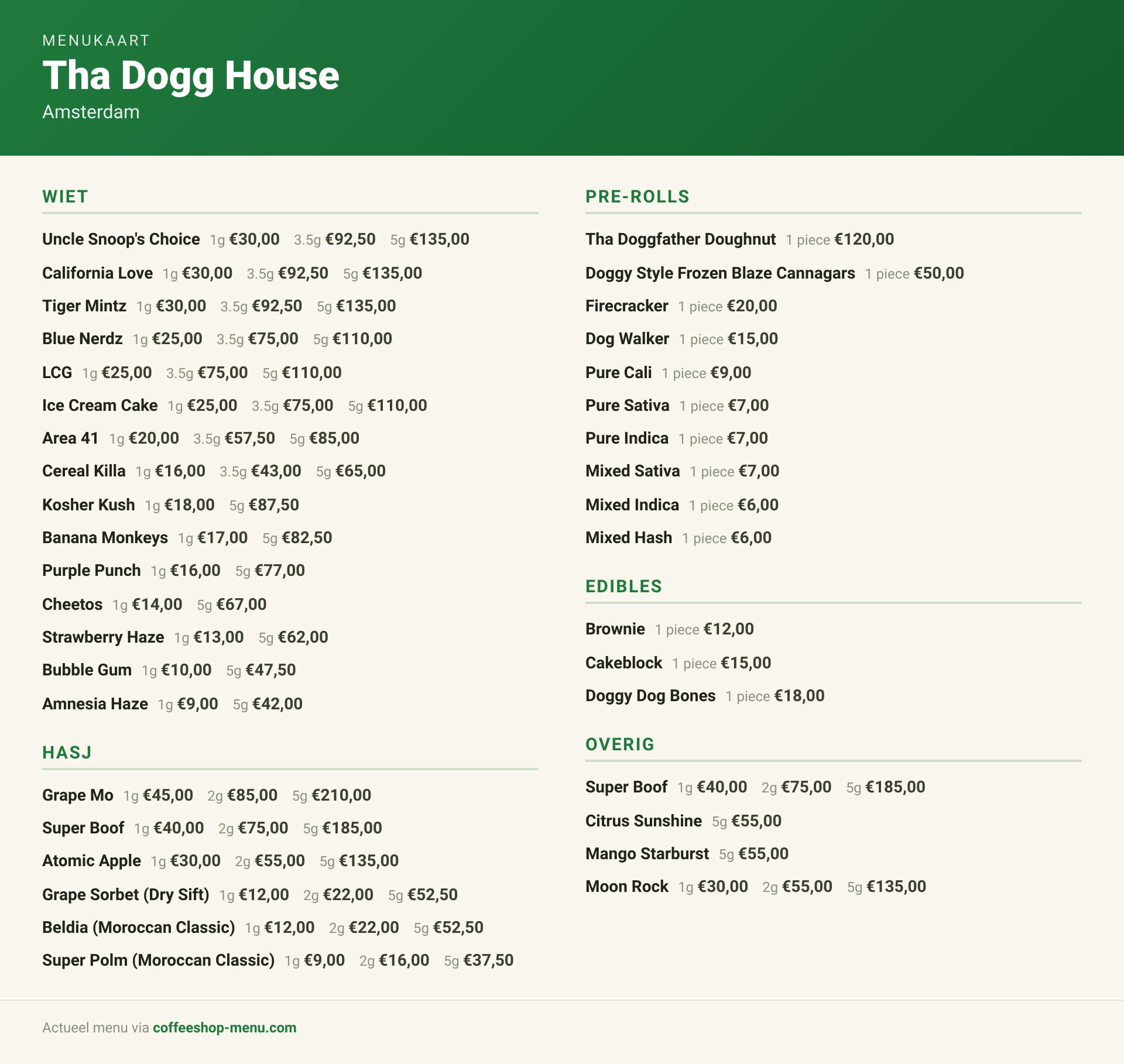 Menu bij Tha Dogg House