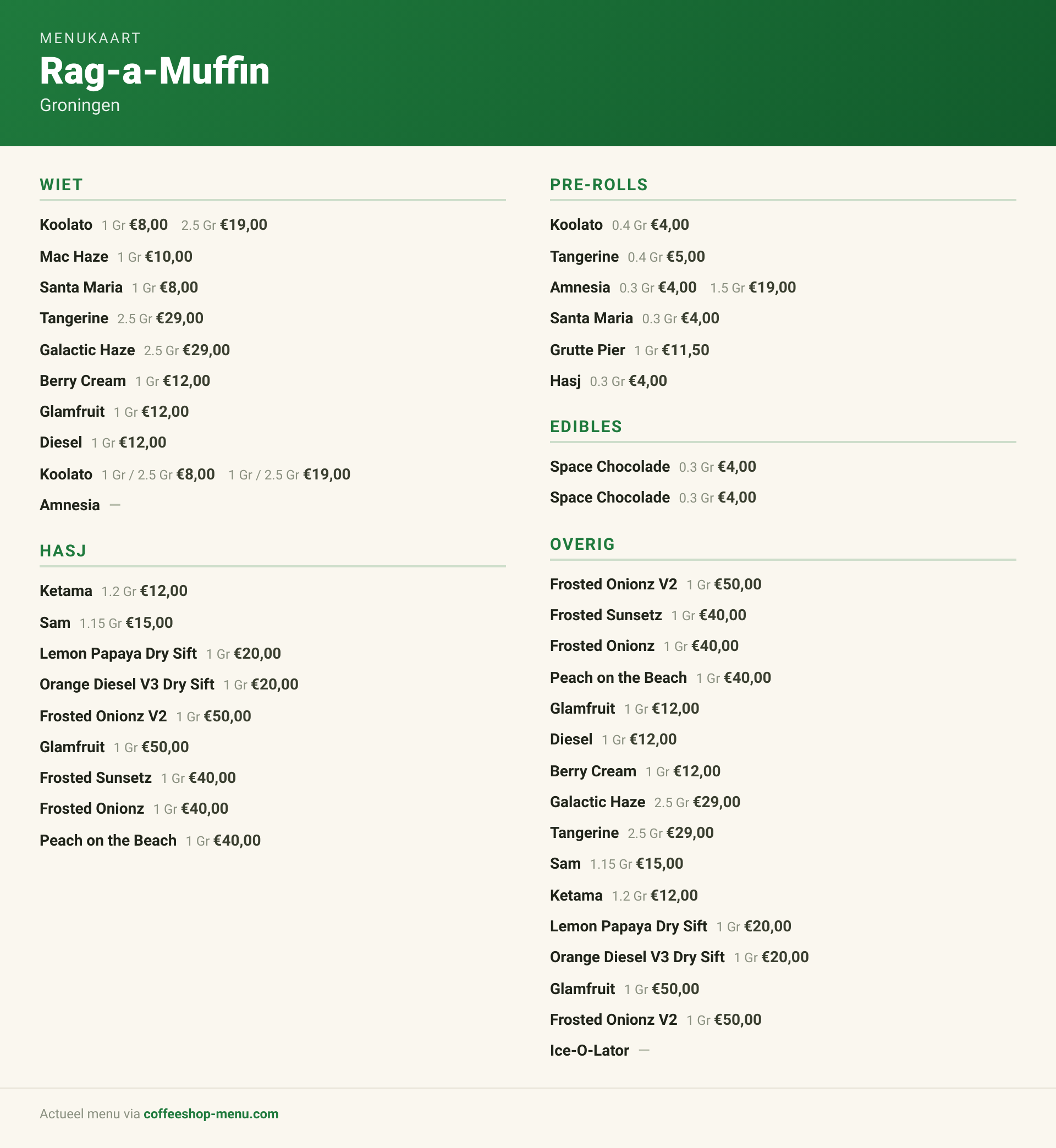 Menu bij Rag-a-Muffin