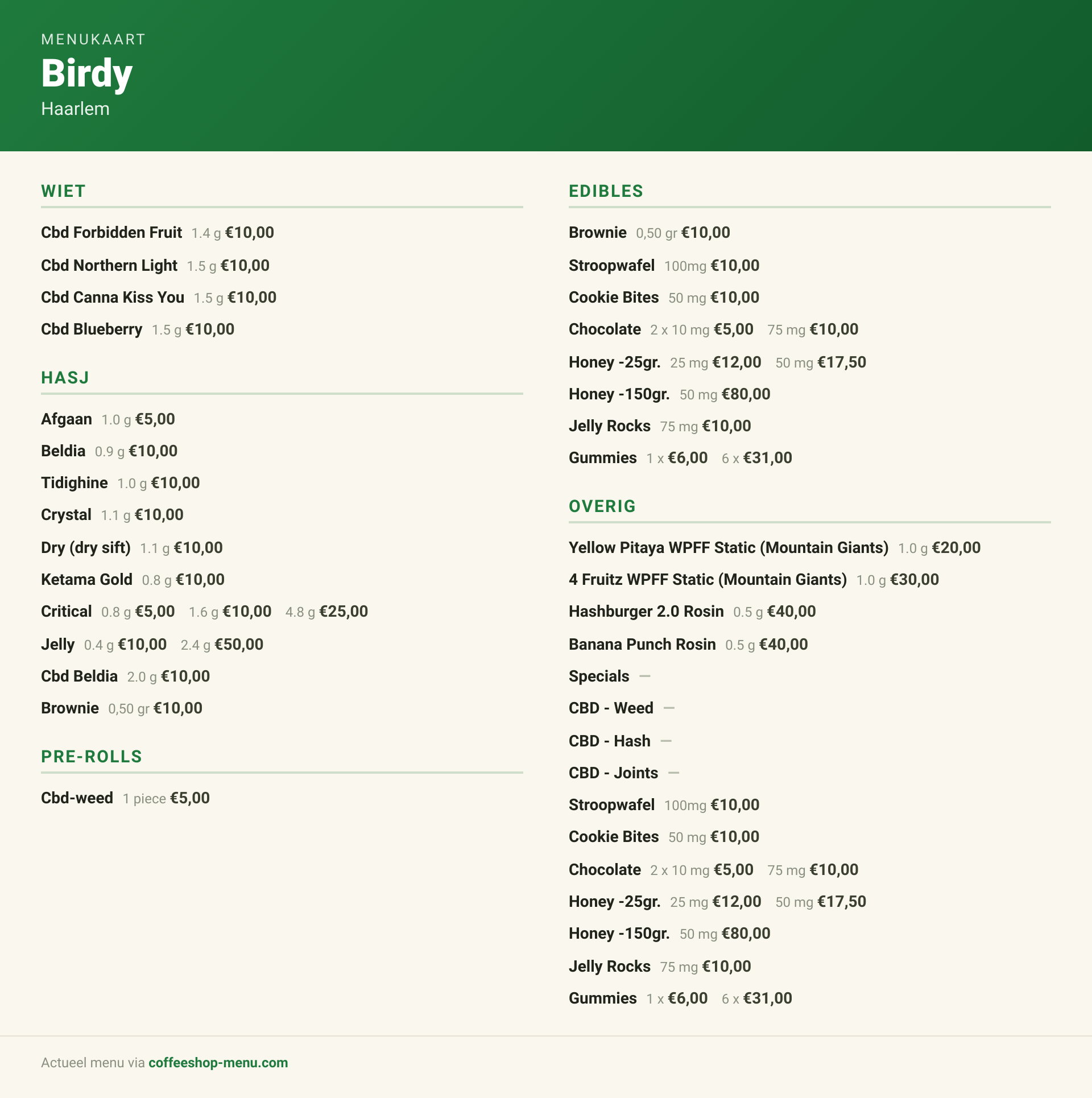 Menu bij Birdy
