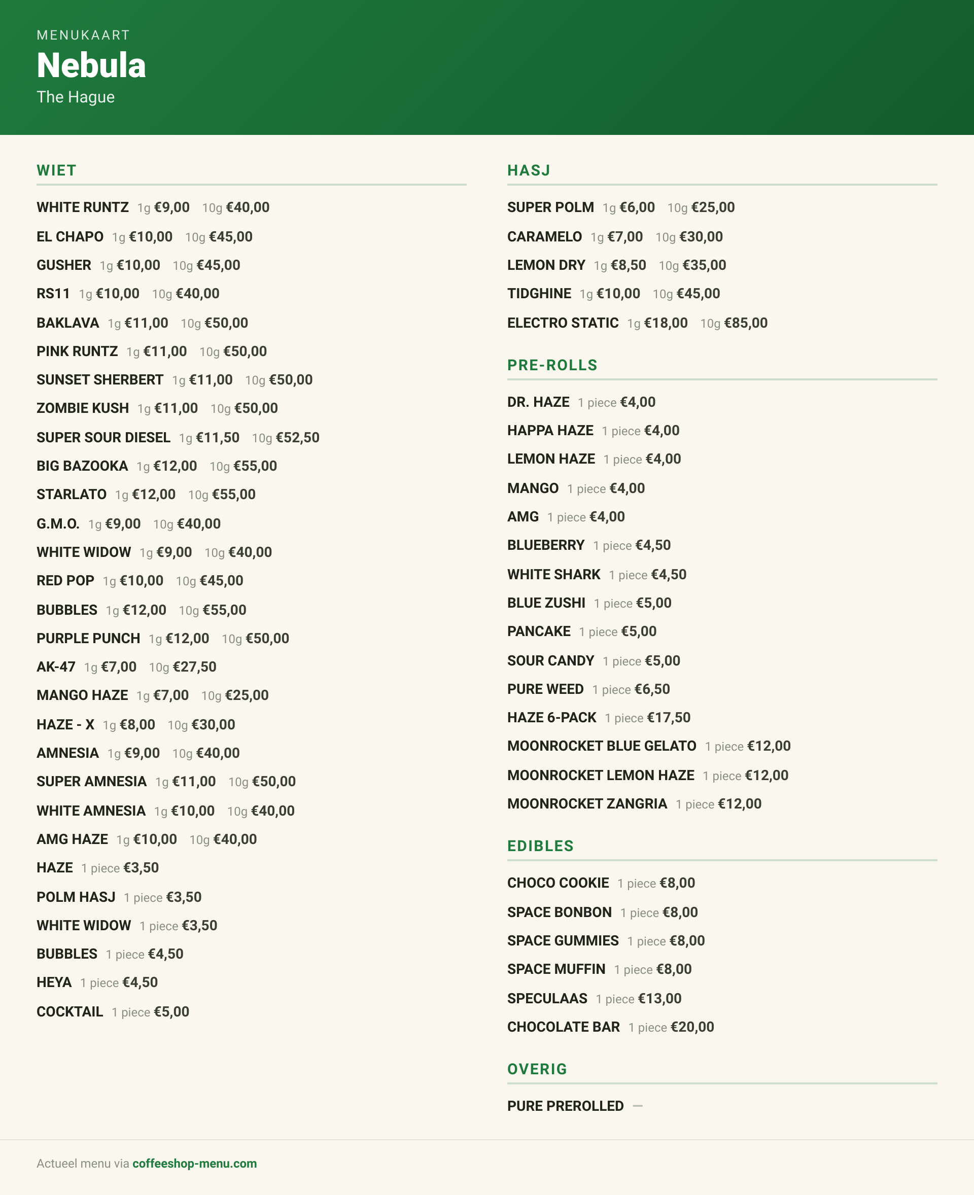 Menu bij Nebula