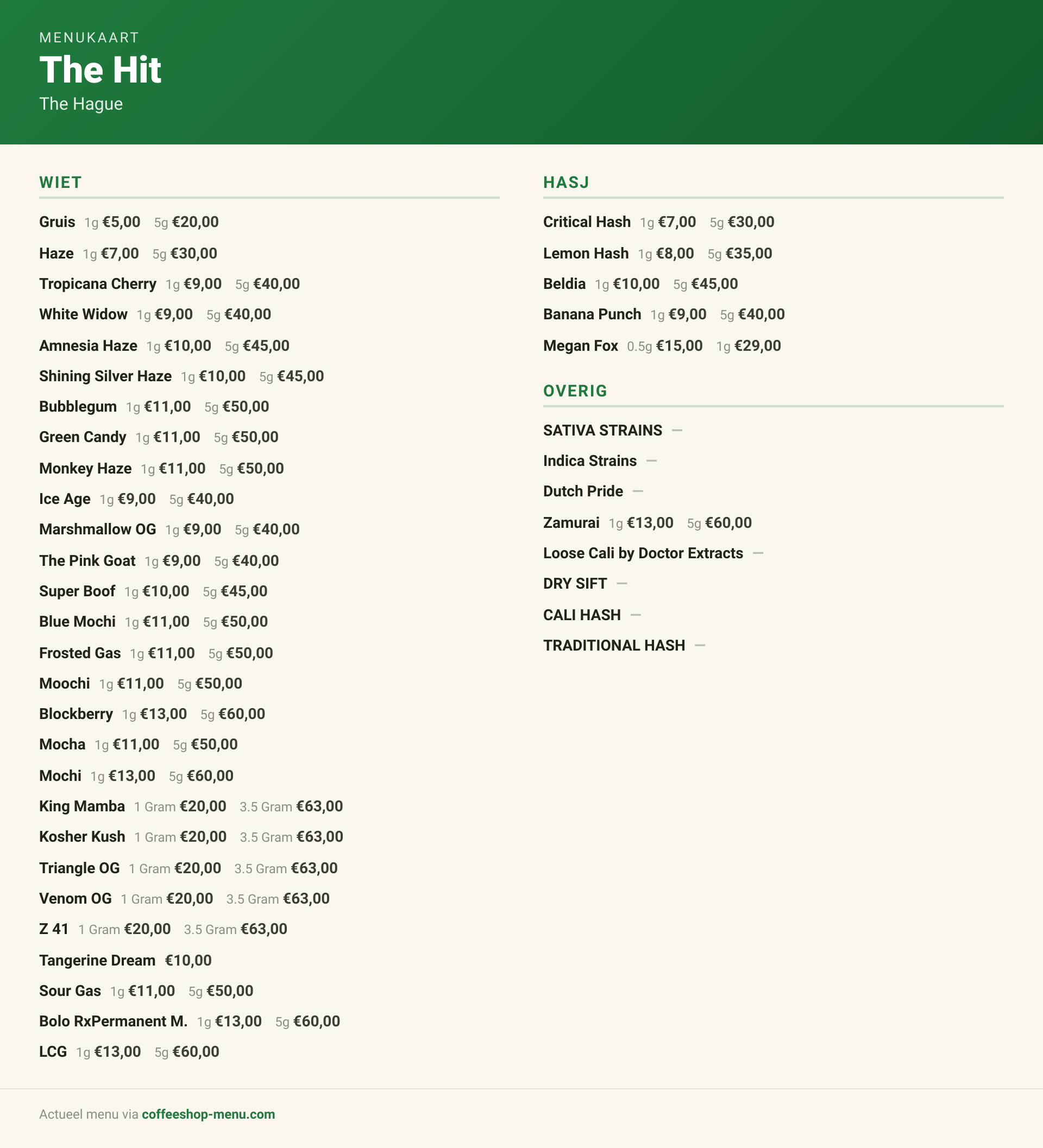 Menu bij The Hit