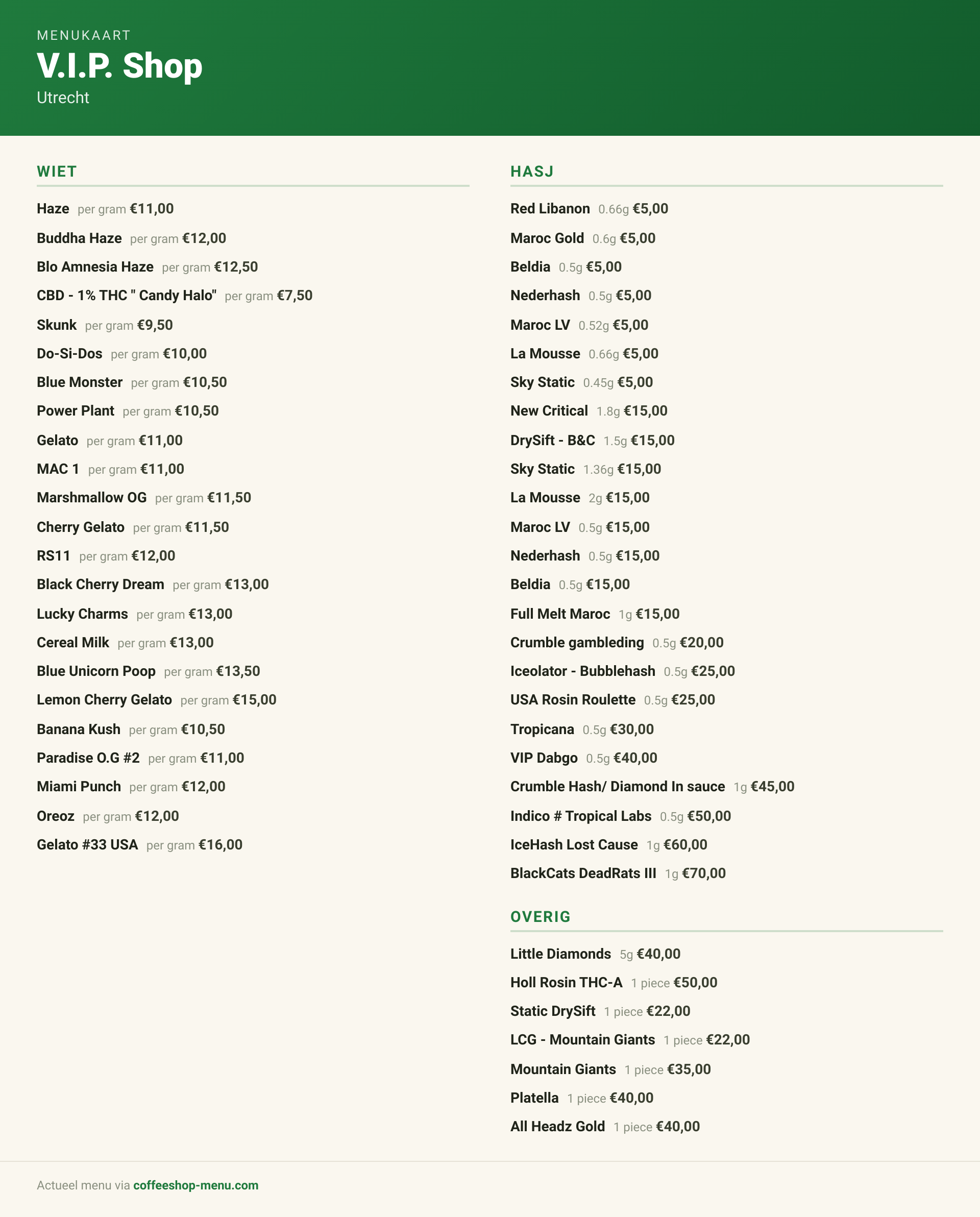 Menu bij V.I.P. Shop