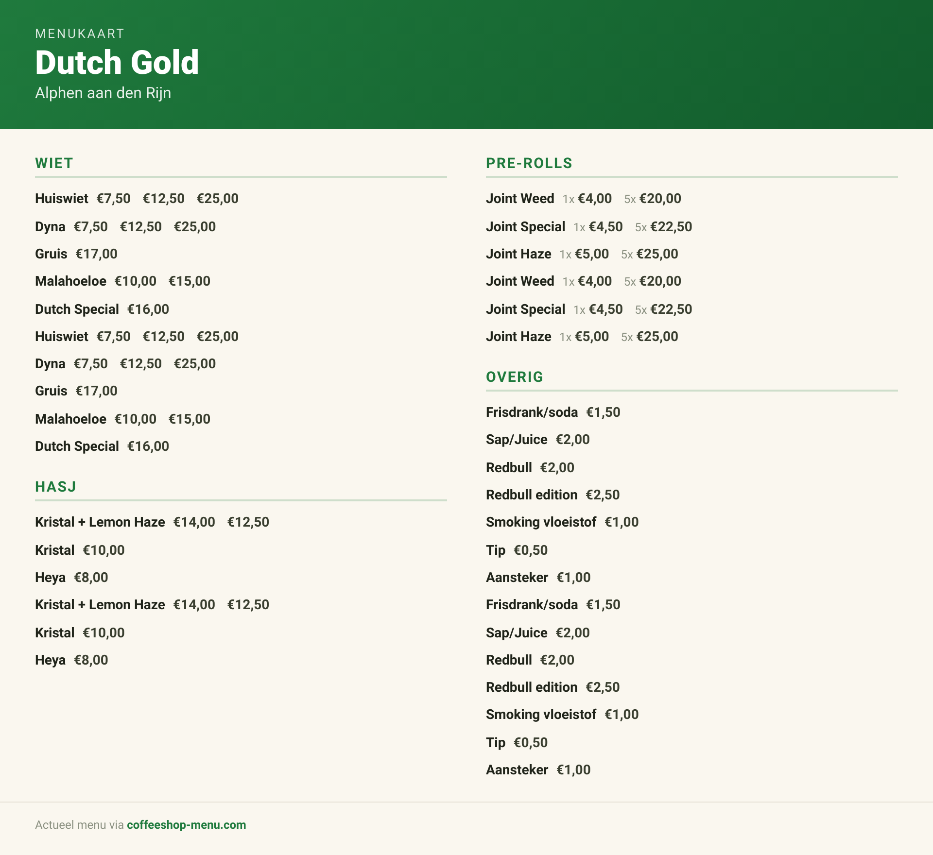 Menu bij Dutch Gold