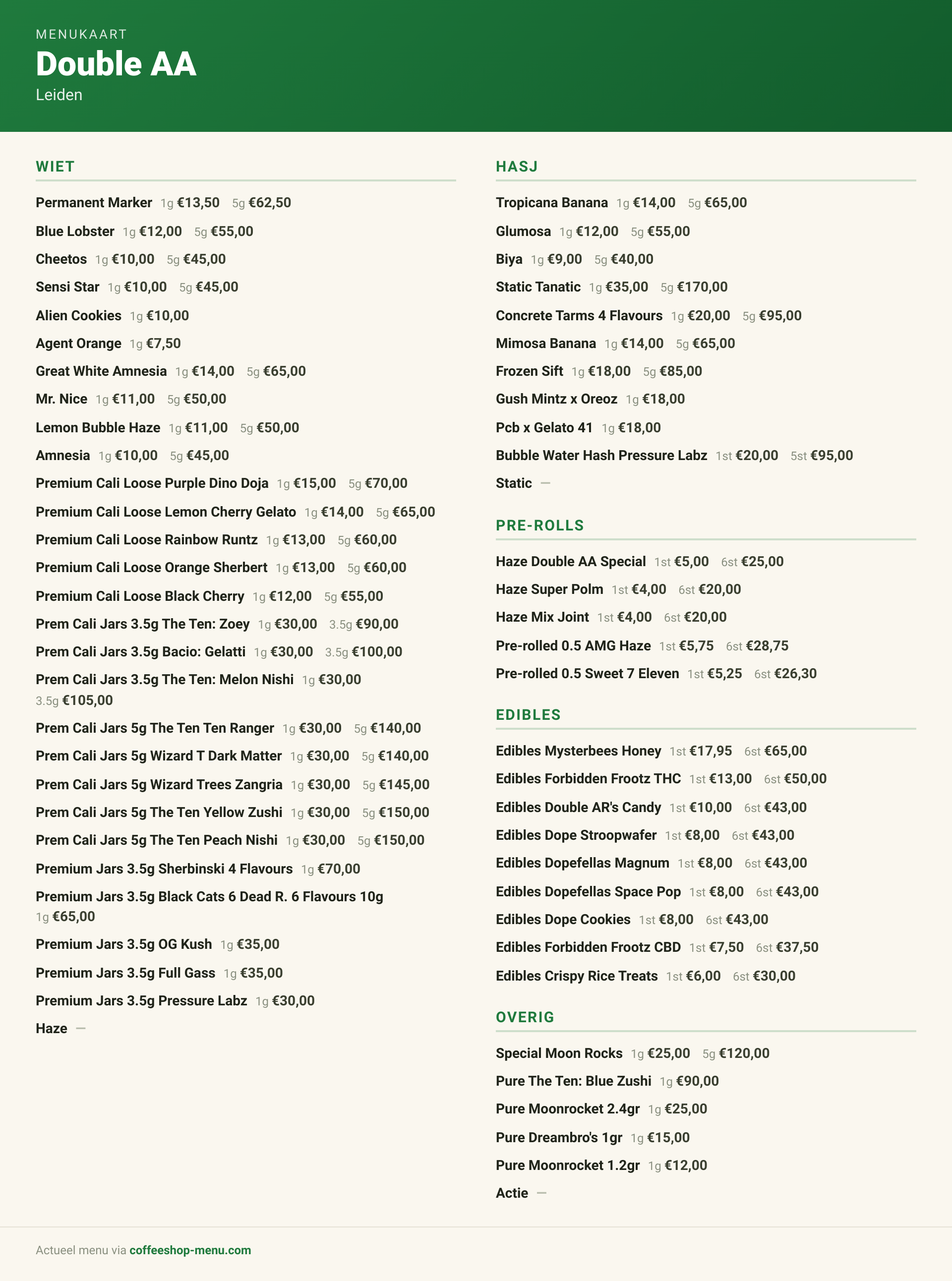 Menu bij Double AA