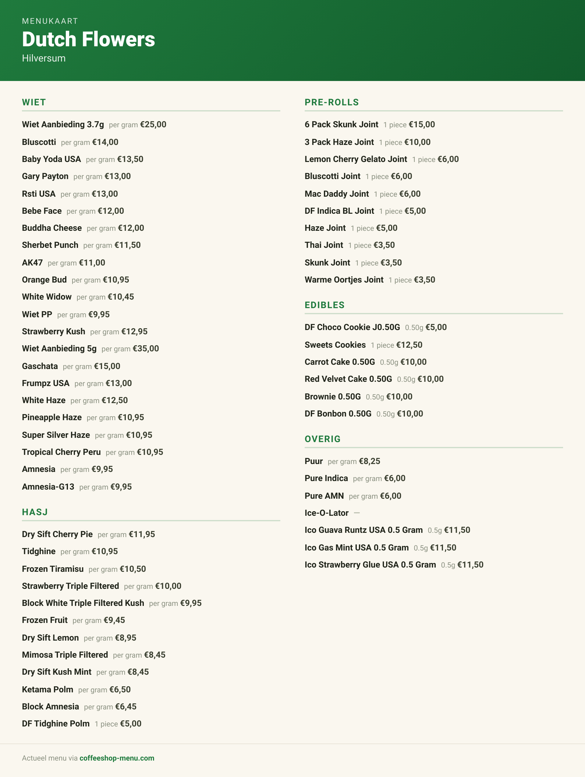 Menu bij Dutch Flowers