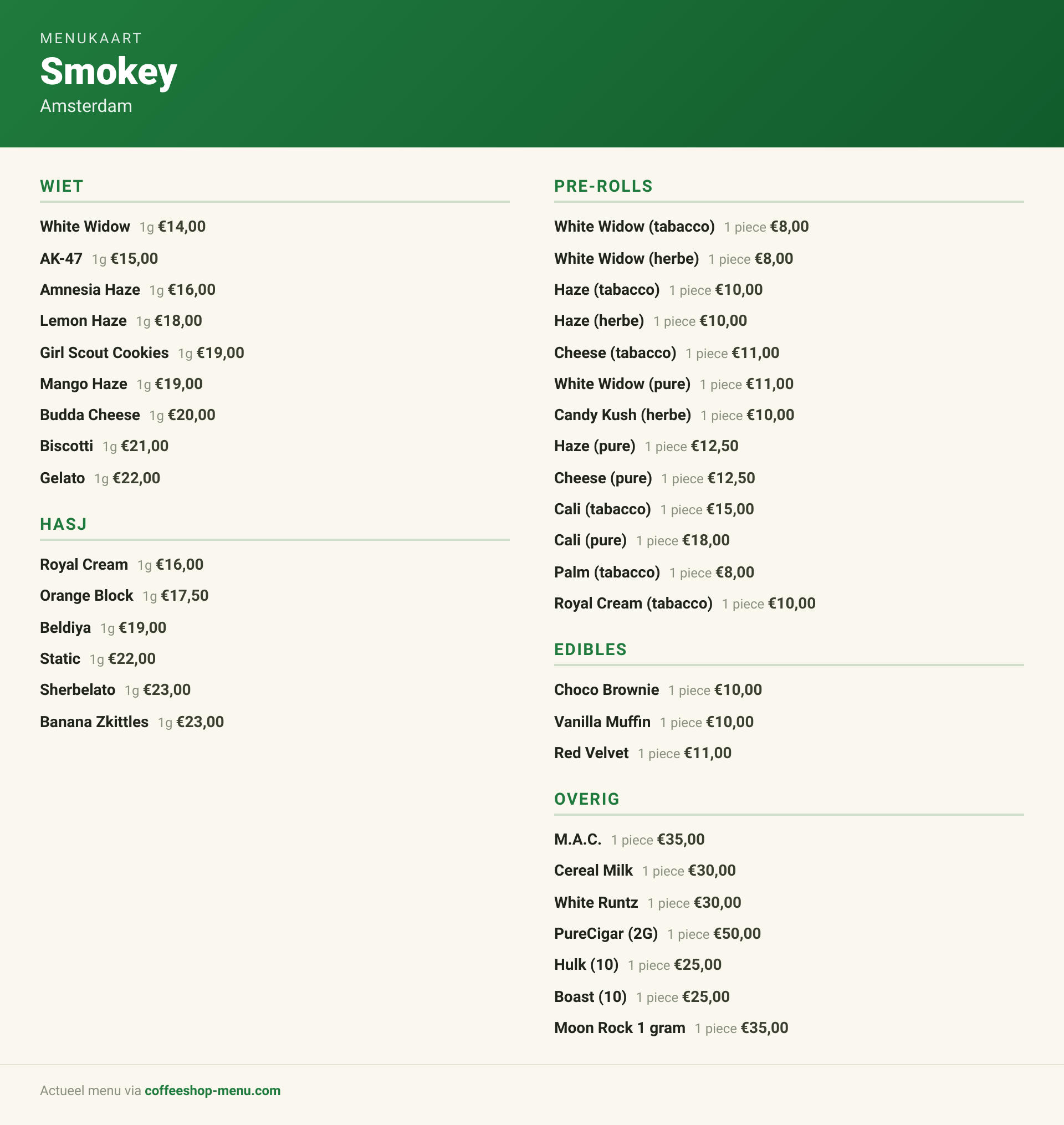 Menu bij Smokey