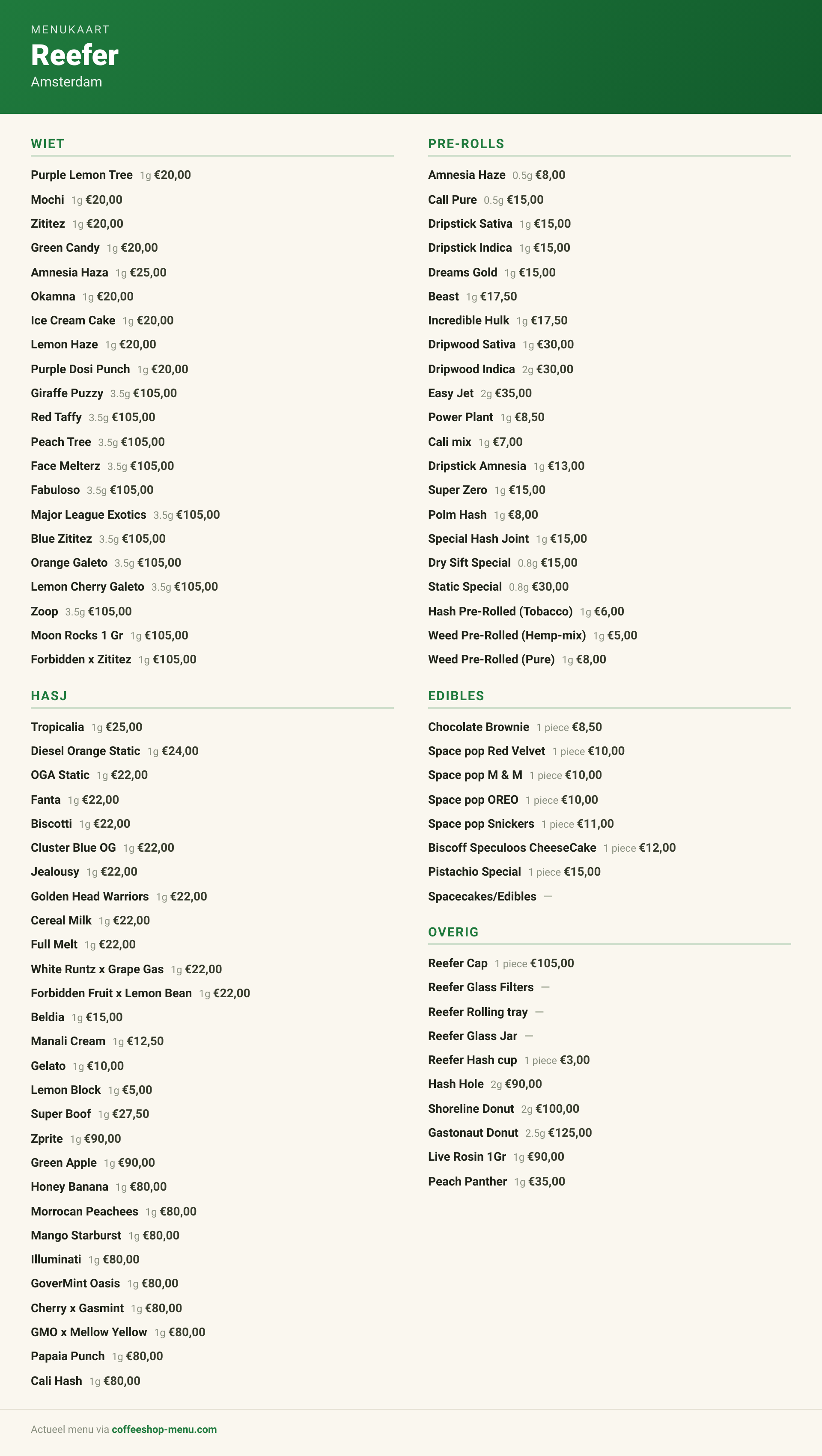 Menu bij Reefer