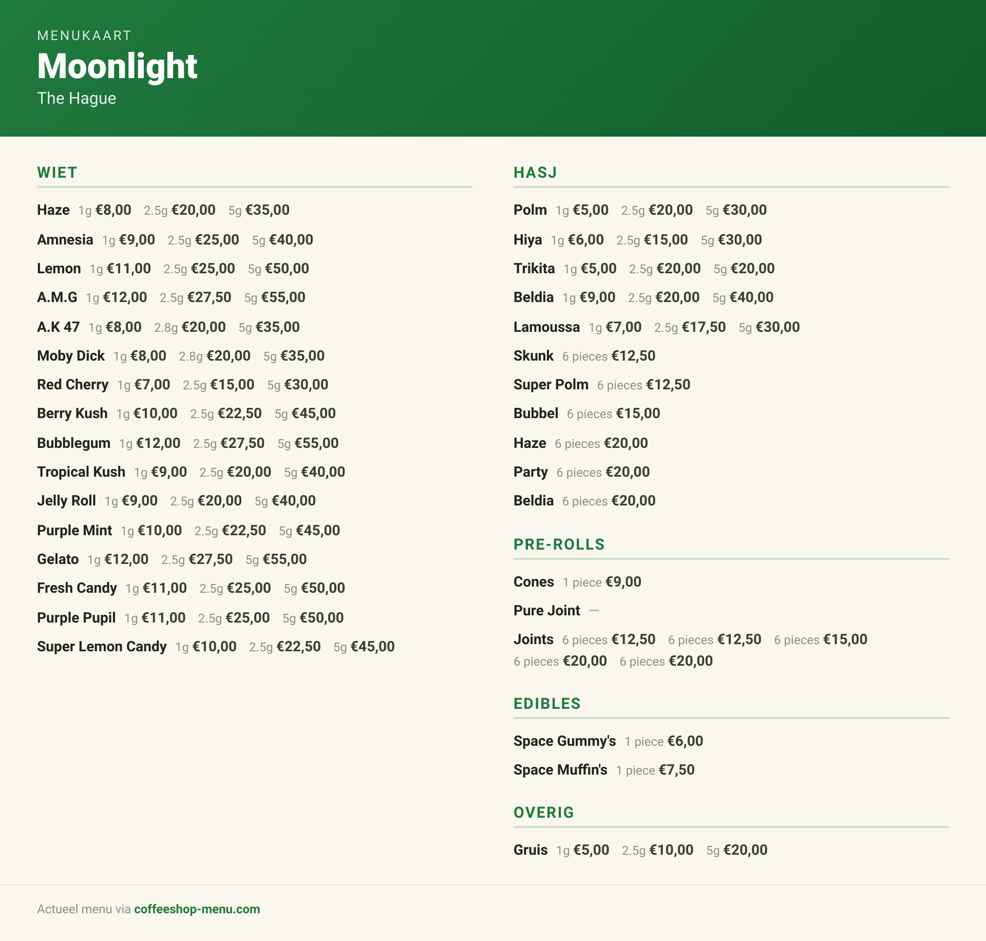 Menu bij Moonlight