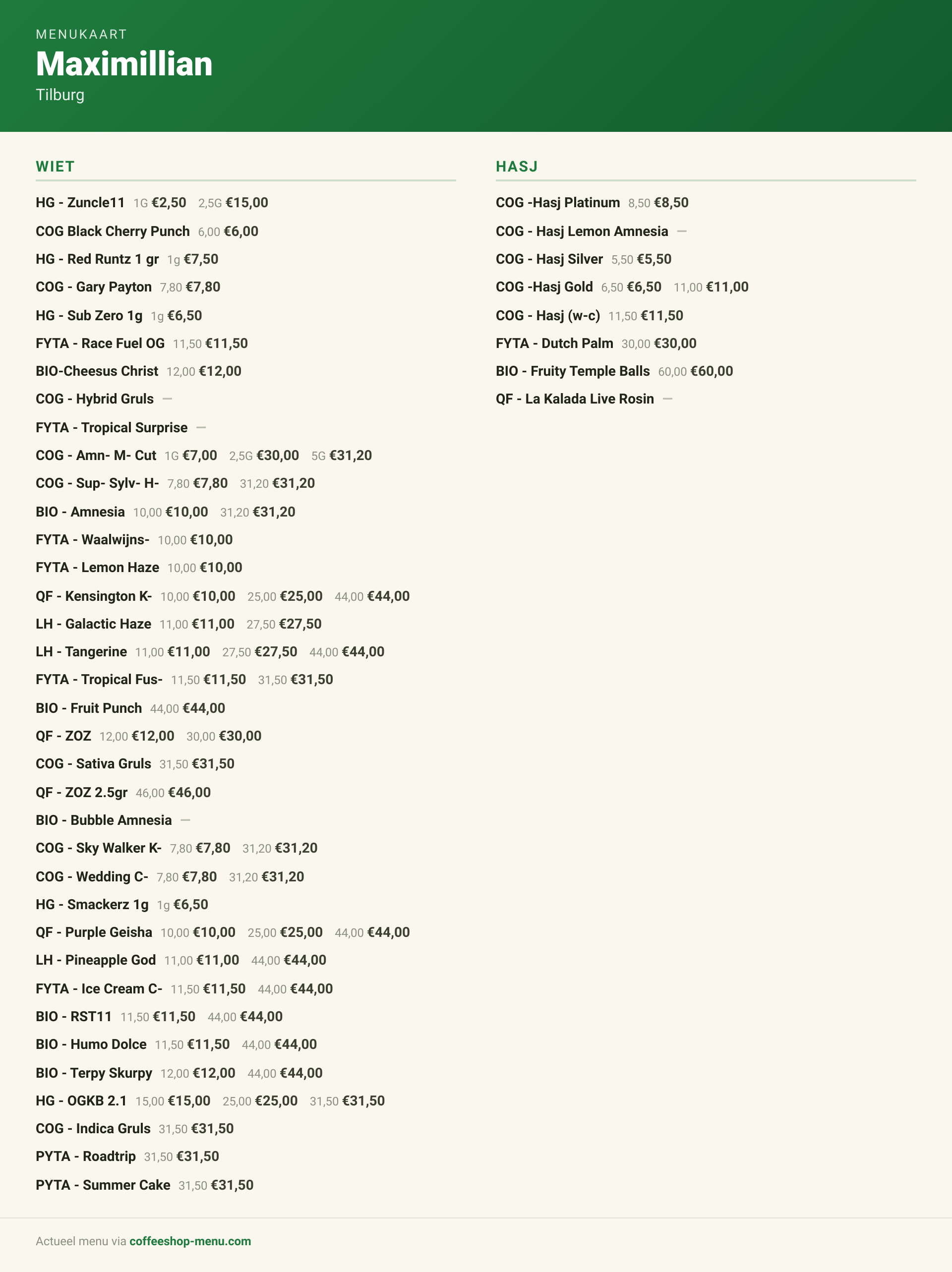 Menu bij Maximillian