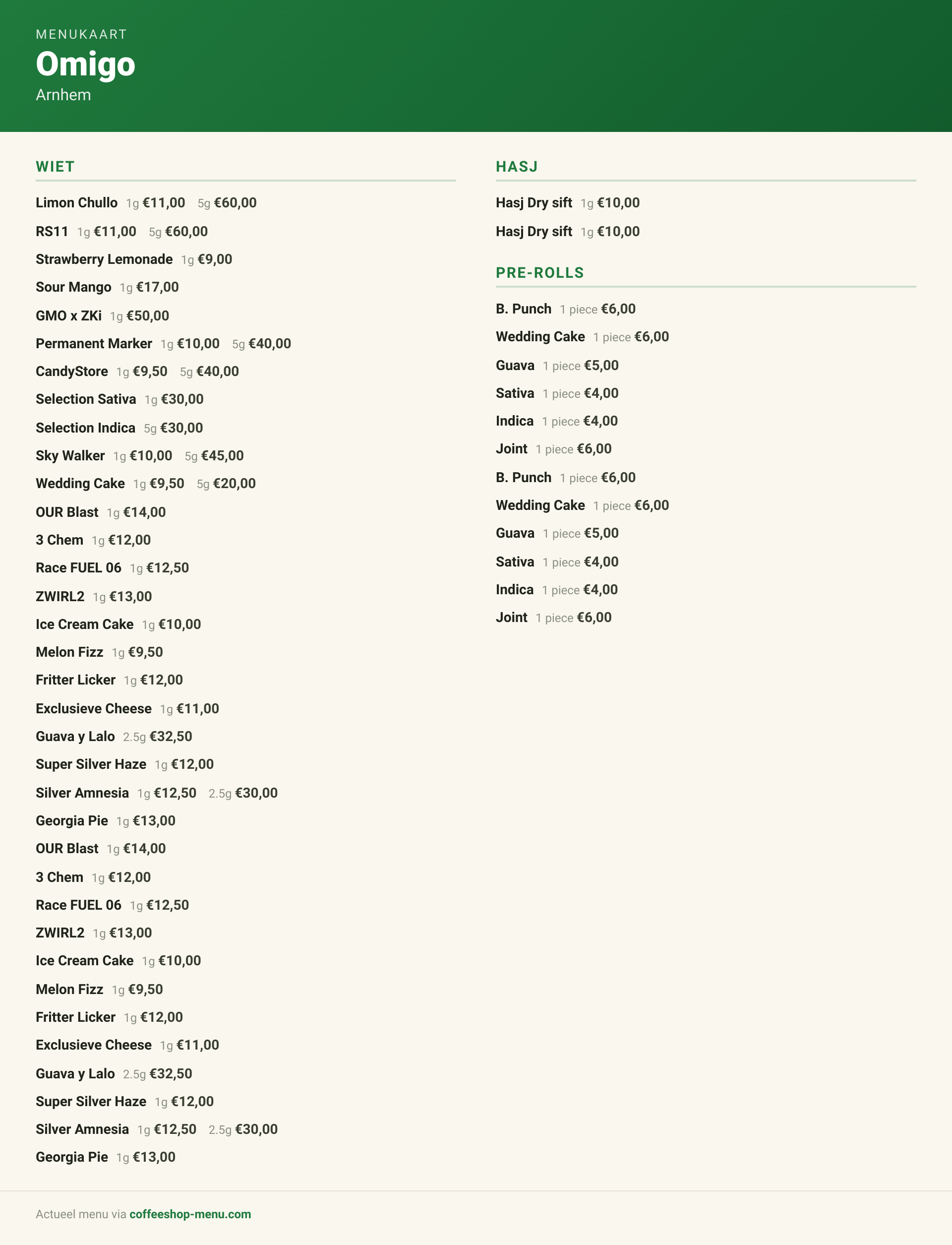 Menu bij Omigo