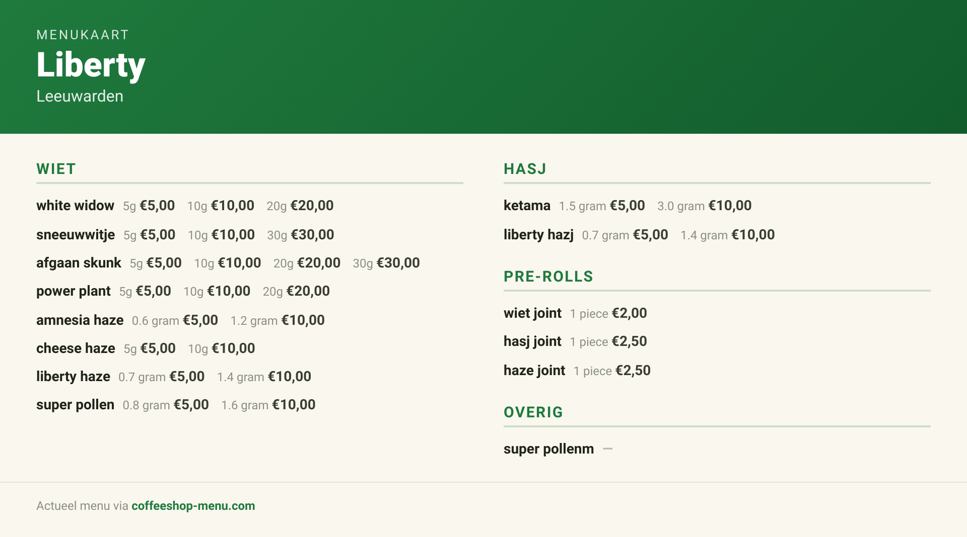 Menu bij Liberty