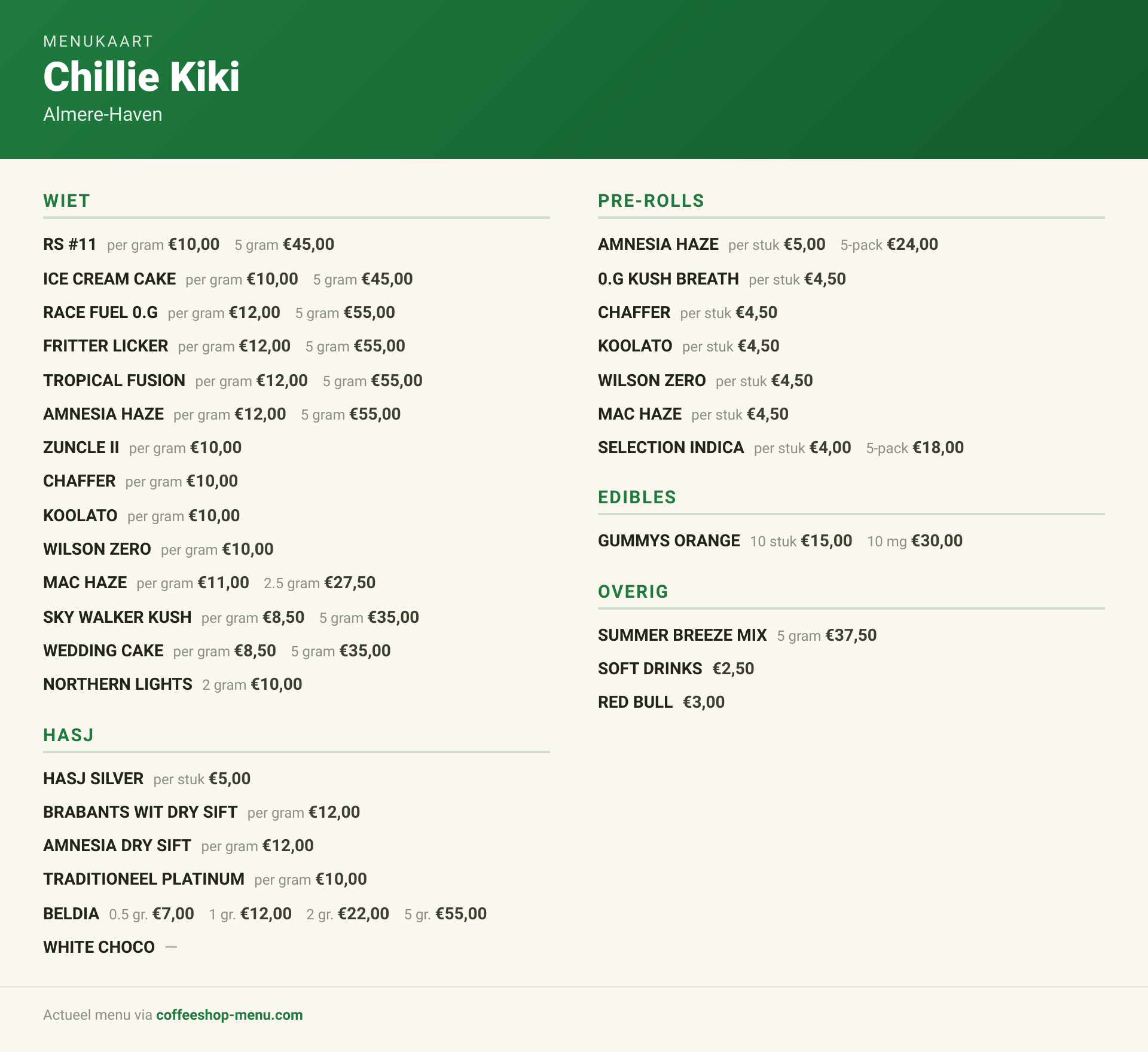 Menu bij Chillie Kiki