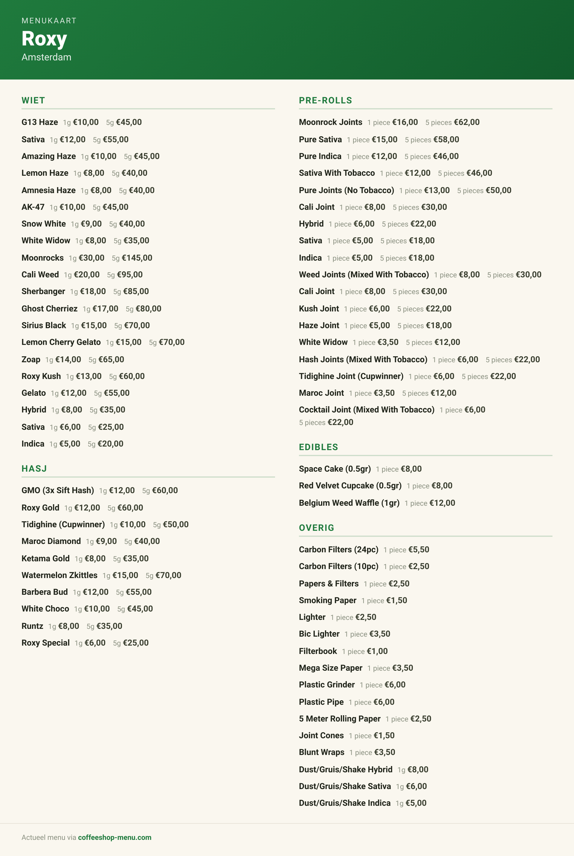 Menu bij Roxy